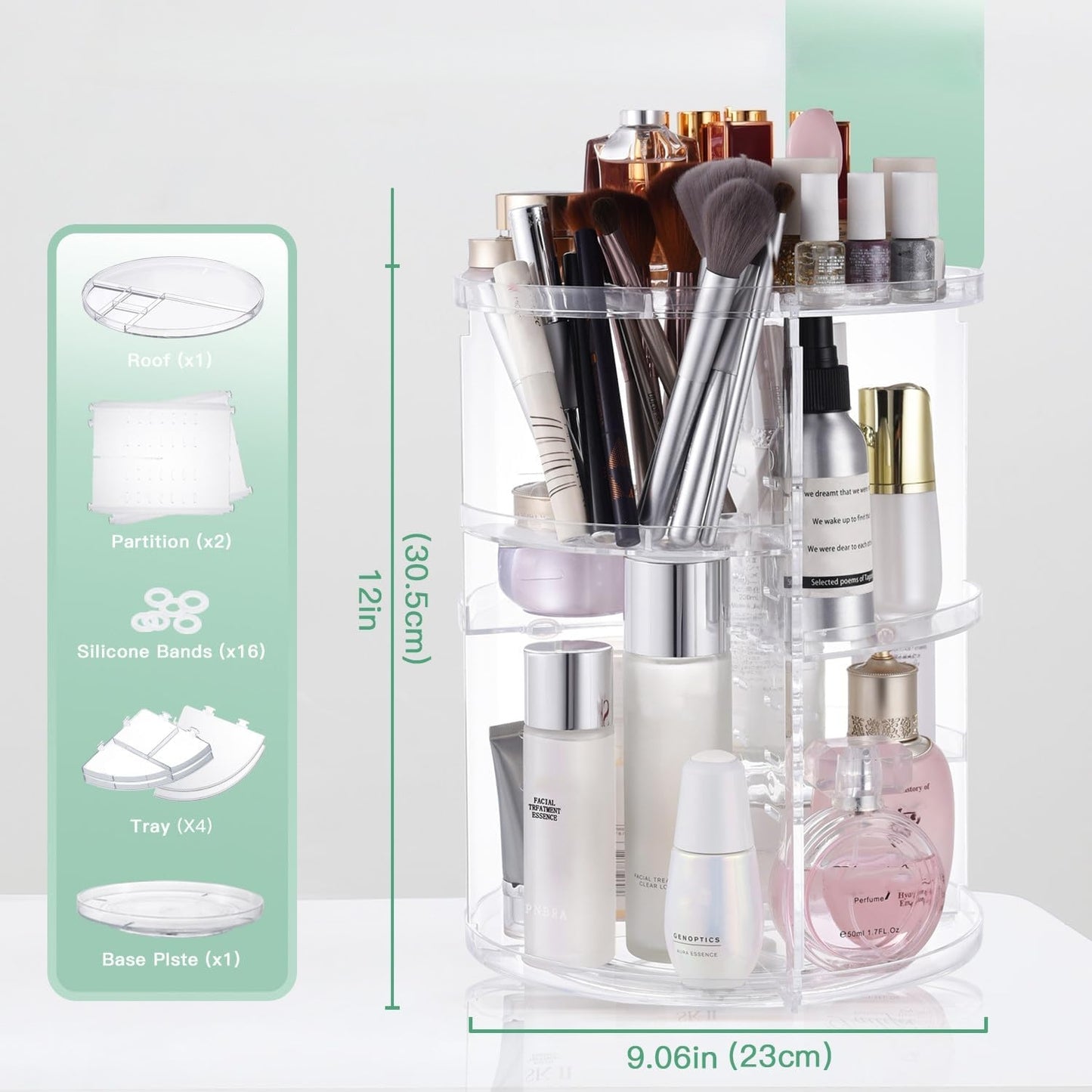 Behome 360 Rotation Makeup Organizer, Adjustable Shelf Height and Fully Rotatable, Cosmetic Holder Shelf, Make Up Organizers and Storage for Bedroom, Transparent
