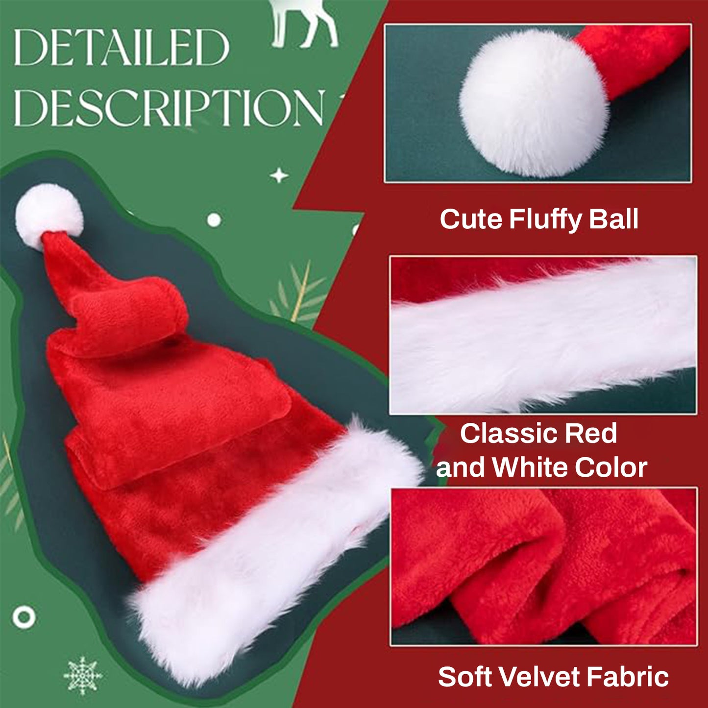 Behome 2 Pack Christmas Hat, Unisex Velvet Santa Hat for Adults, Thicken Fur Xmas Hat for New Year Festive Party