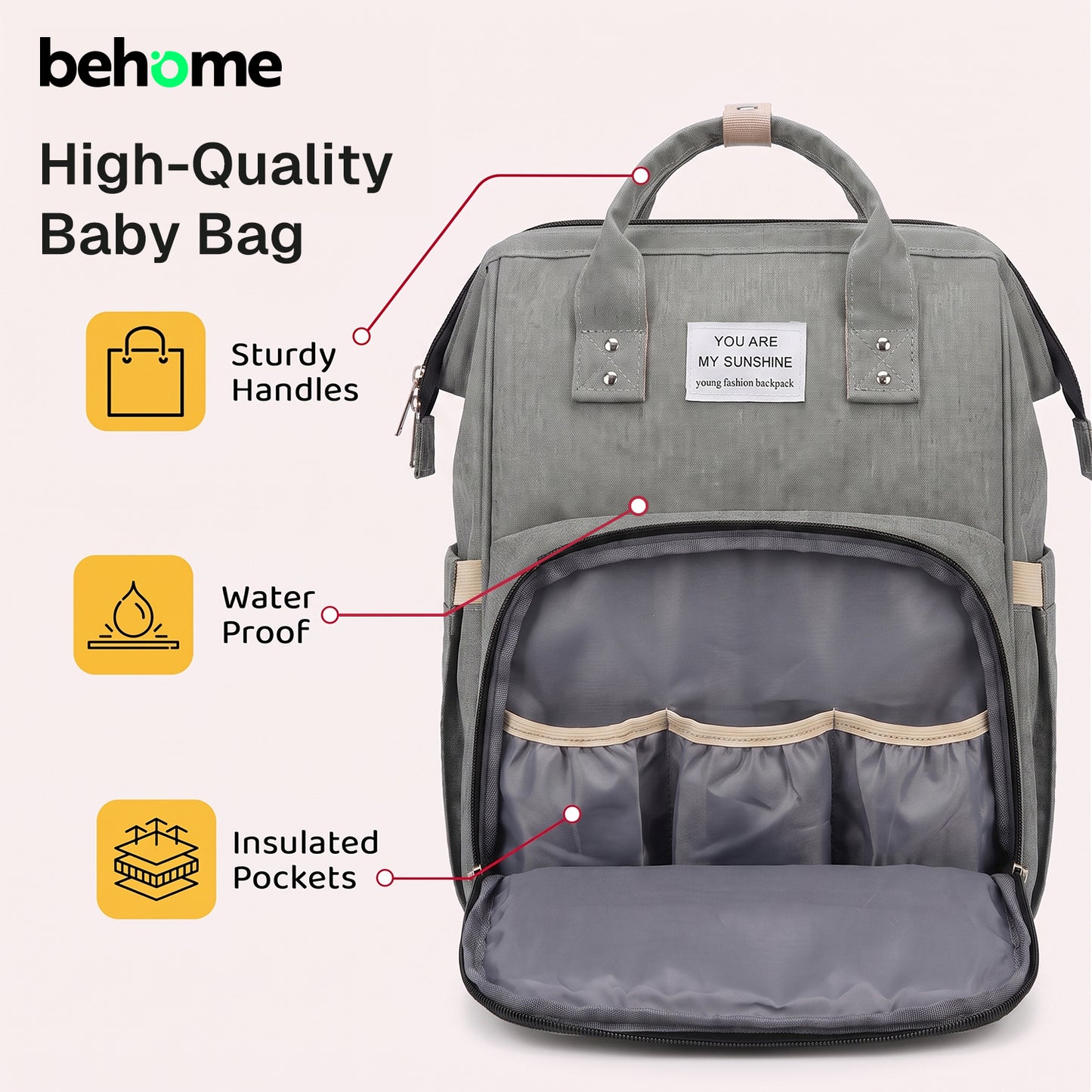 Behome Diaper Bag Backpack, Large Waterproof Baby Bag with Changing Pad, Stroller Straps & Insulated Pockets, Multifunctional Travel Diaper Bags For Mom & Dad
