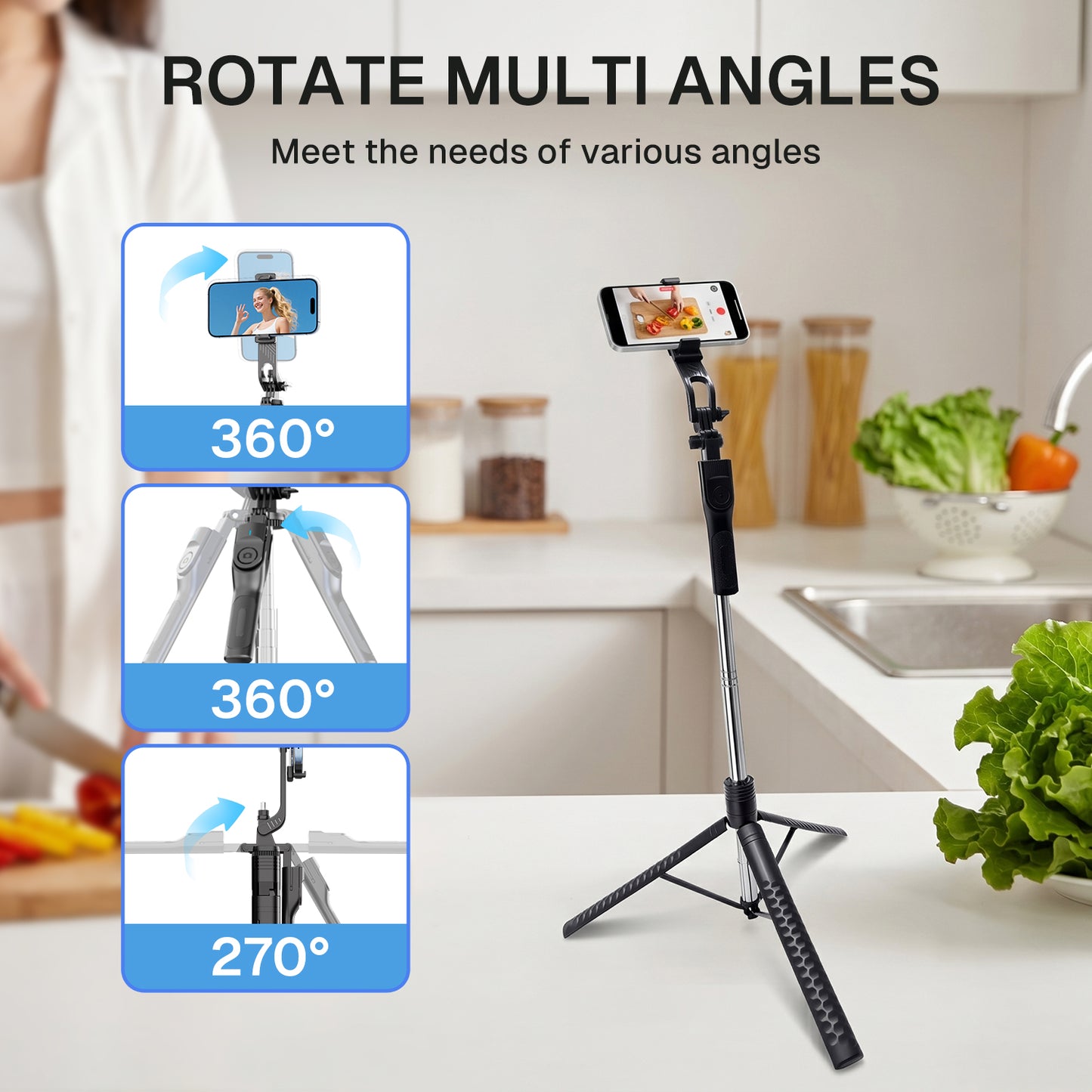 BN-LINK 75" Selfie Stick Tripod with Remote, 360°Rotating Extendable Cell Phone Stand with 1 Phone Holder Accessory, Phone Tripod Compatible with iPhone Android Phone, Camera
