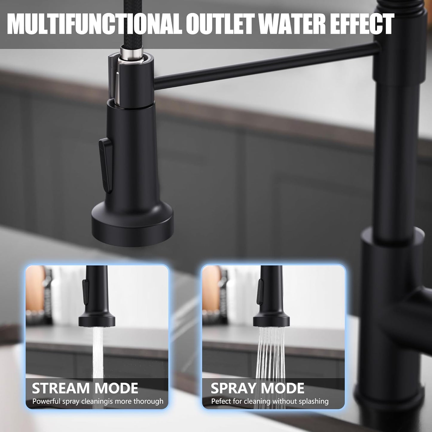 Behome Kitchen Faucet with Pull Down Sprayer, Stainless Steel Single Handle Spring Kitchen Sink Faucet with 2 functions, Pull Out Sink Faucets for Farmhouse Camper Laundry, Black