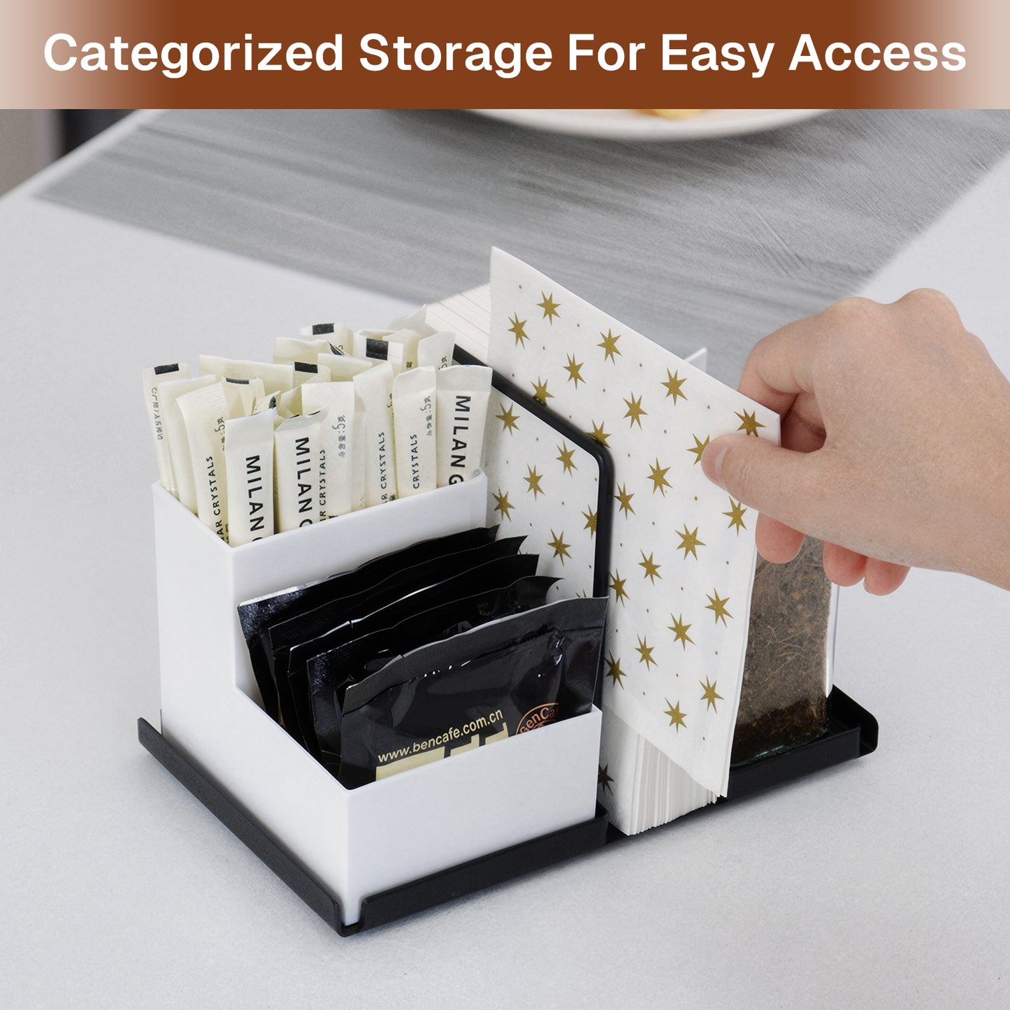 Behome Napkin Holder for Table, Metal Napkin Holder with Removable Storage Box & Salt and Pepper Shakers Caddy, Napkin Dispenser for Kitchen, Countertop, Dining Table