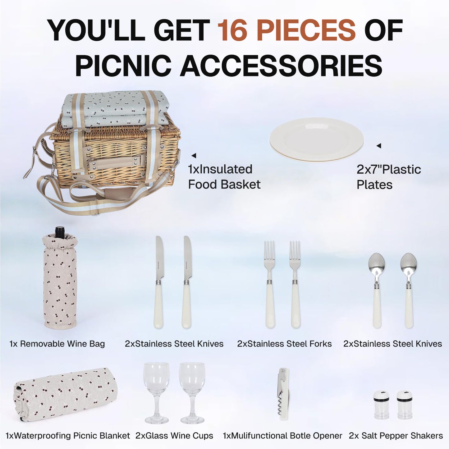 BN-LINK Wicker Picnic Basket for 2, Picnic Basket with Waterproof Blanket & Insulated Liner,Willow Hamper for Picnic, Camping,Travel, Natural