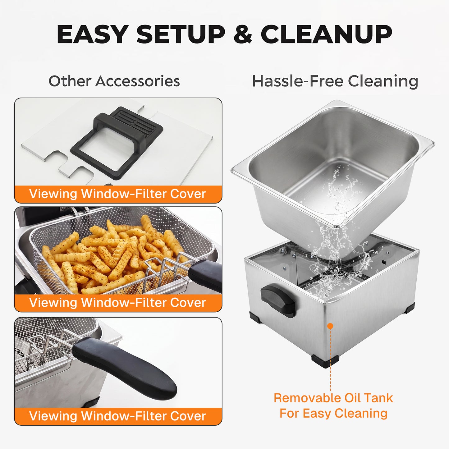 Behome Deep Fryer with 3 Baskets, 1400W 4.5QT/5L Thickened Stainless Steel Countertop Electric Oil Fryer, Easy Clean with Adjustable Temperature & Timer, Silver