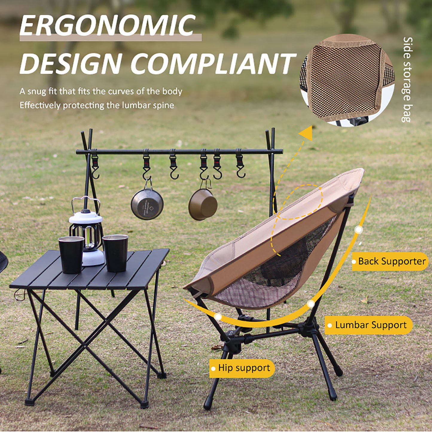 BN-LINK Folding Camping Chair, Portable Backpacking Chair with Carry Bag, Lightweight Hiking Chair for Outdoor Camp, Travel, Beach, Picnic, khaki