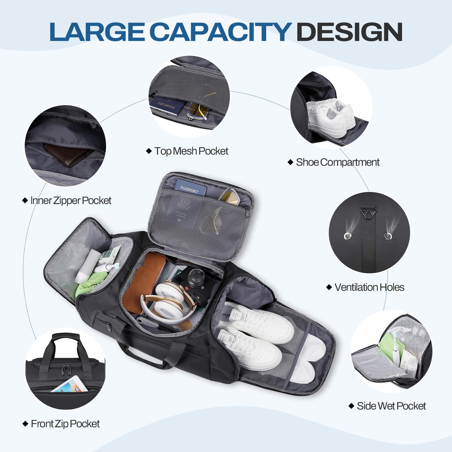 Behome 40L Gym Bag for Men Women, Large-Capacity Travel Duffle Bag with Shoe & Wet Compartments, 3 in 1 Carry on Weekender Overnight Bag for Workout and Travel
