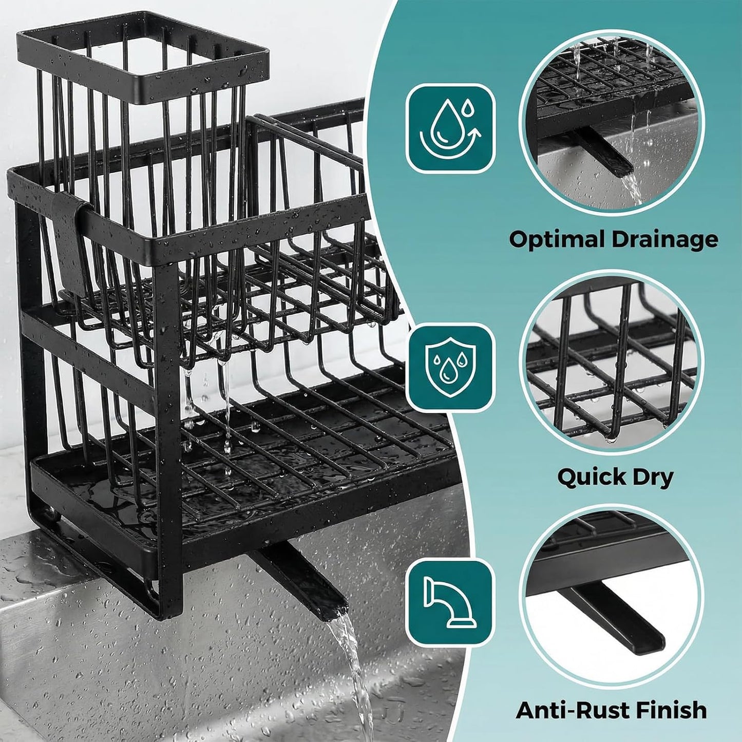 Behome 2-Tier Sponge Holder for Kitchen Sink, Sink Caddy Organizer with Brush Holder and Removable Drain Tray, Rustproof Countertop Organizer for Sponge, Soap Dispenser Storage Accessories