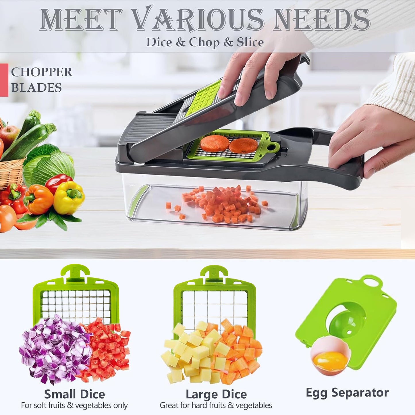 Behome Mandoline Slicer, 15-in-1 Multi-Functional Kitchen Gadget Set, Veggie Chopper, Food Chopper with Container, Vegetable Cutter & Spiralizer for Onion Salad, Gray