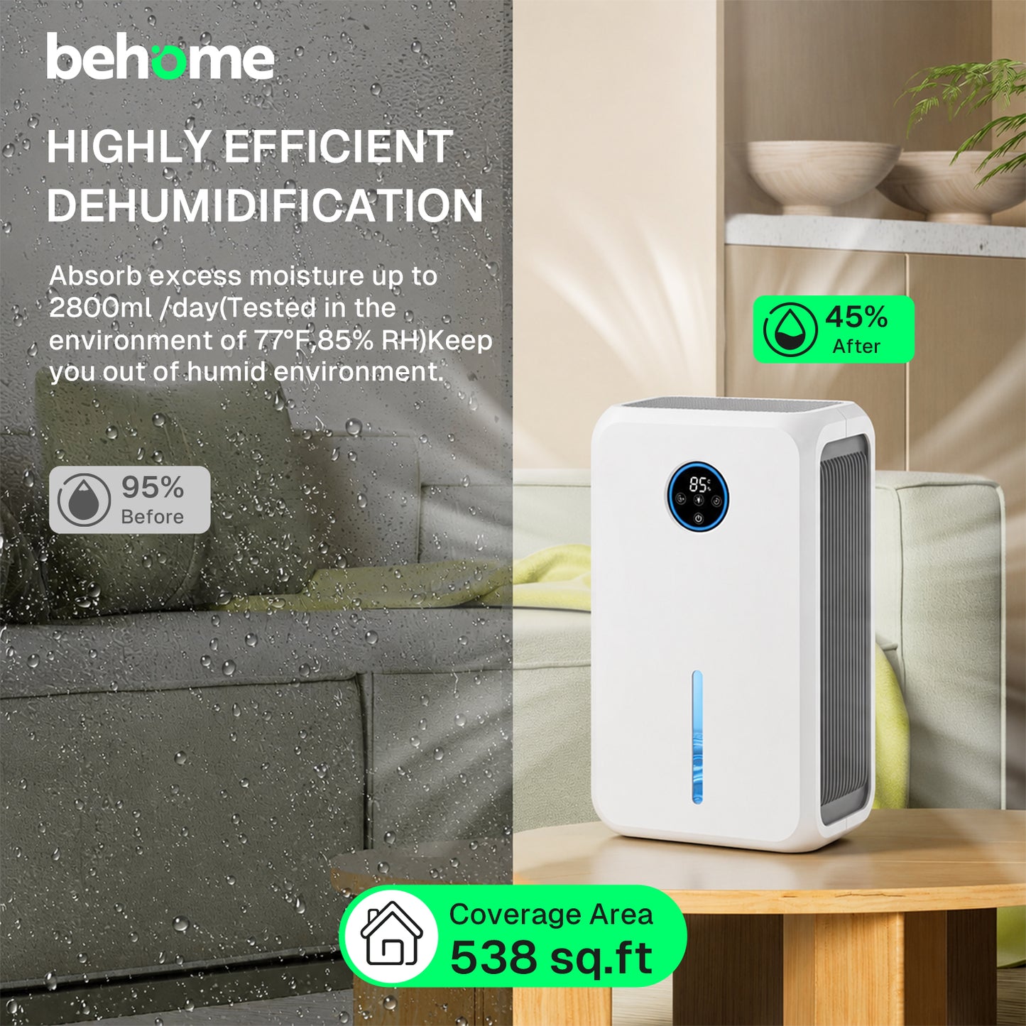 Behome Dehumidifier, 95OZ Dehumidifiers for Home (646 Sq.Ft), Auto Shut off Smart Dehumidifiers for Bedroom Basement Bathroom,White