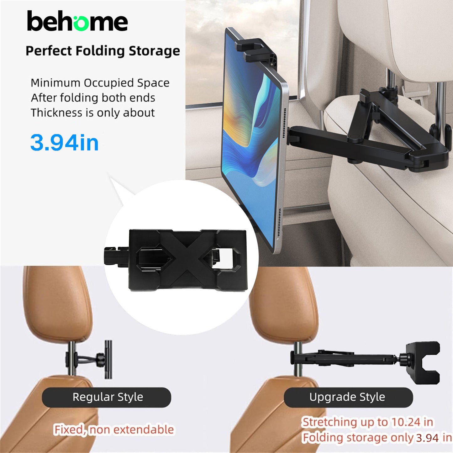 Behome Car Headrest Tablet Holder, Adjustable Tablet Holder for Car with Extension Arm, iPad Car Mount for iPad Pro, Air, Mini, Cell Phone,Galaxy Tab , All 4.7-12.9" Screen Devices