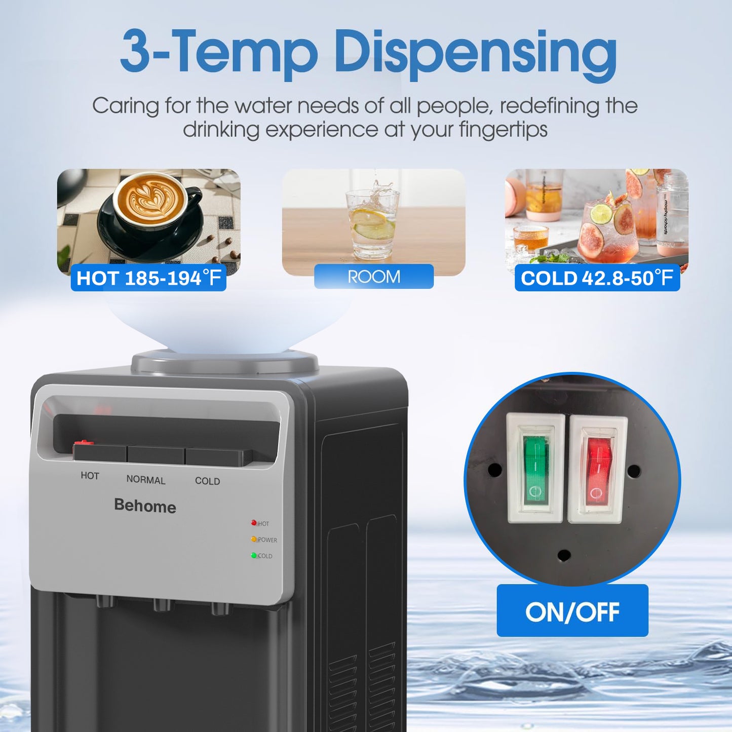 Behome Top Loading Water Cooler Dispenser, 3 Temperature Settings-Hot, Cold & Normal Water, Child Safety Lock, Holds 3 or 5 Gallon Bottles, for Homes, Kitchens, Offices, Dorms