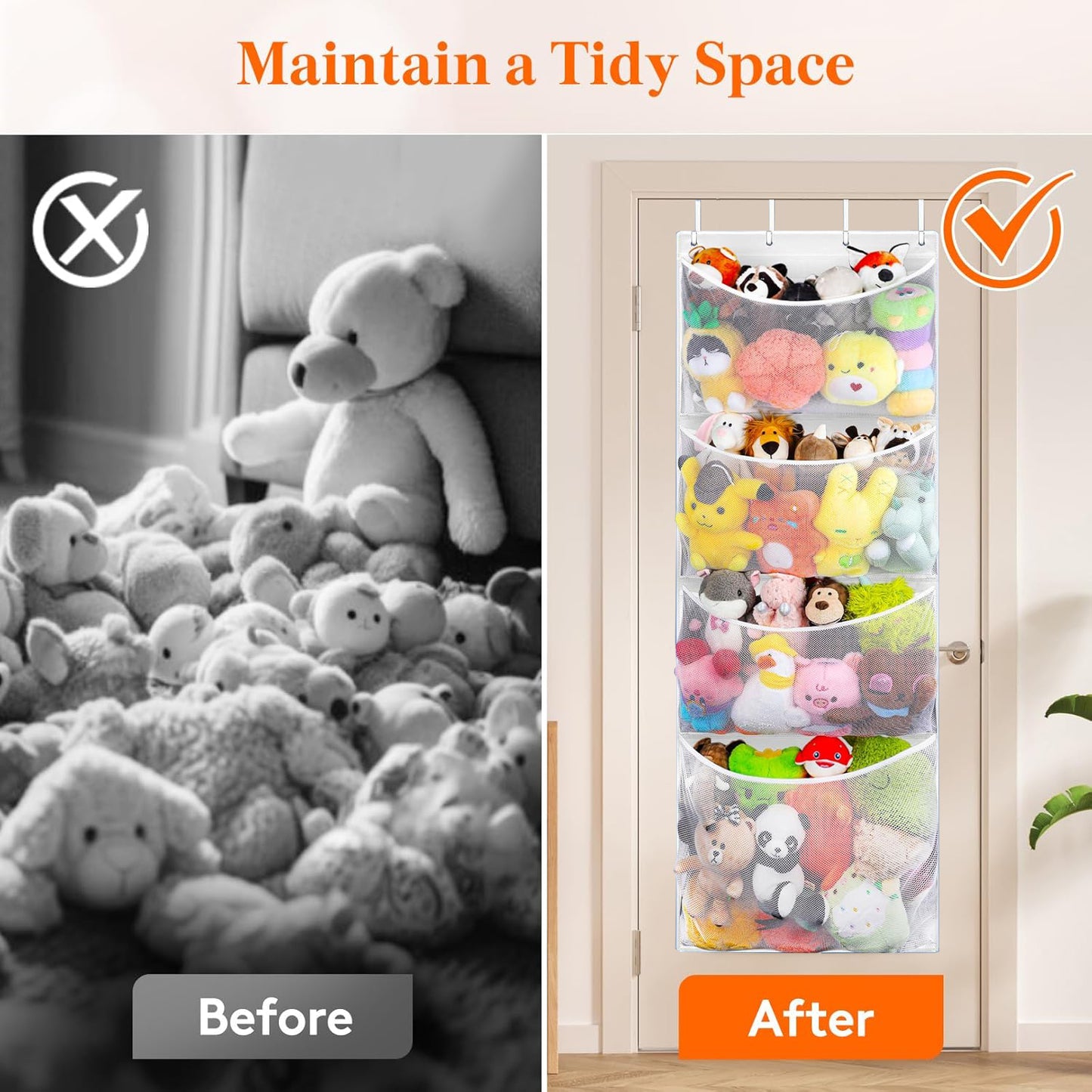 Behome Stuffed Animal Storage, Over the Door Organizer with 4 Large Pockets, Hanging Door Toy Organizer for Bedroom, Bathroom, Pantry, White