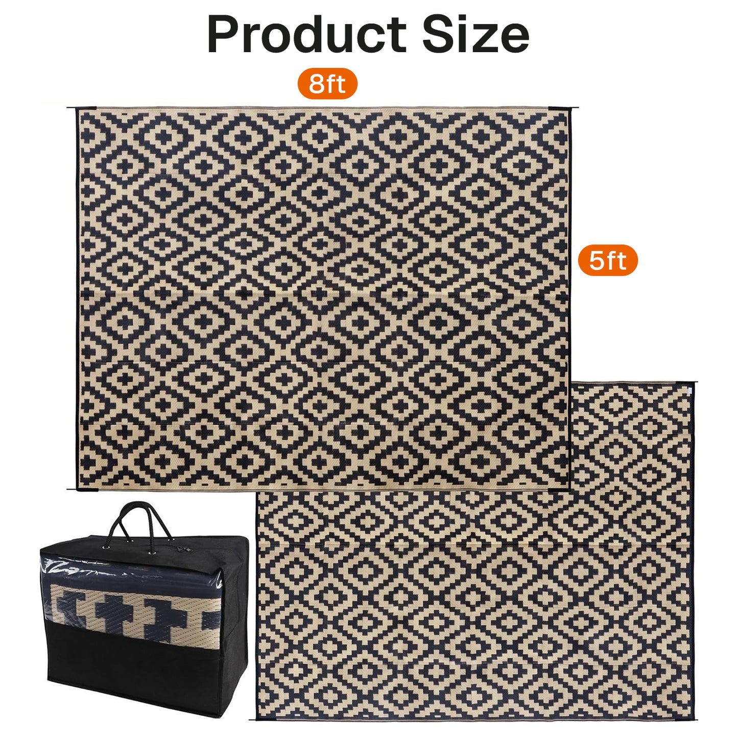BN-LINK 5' x 8' Waterproof Outdoor Rug with Storage Bag, Reversible Plastic Straw Large Area Rug, Easy-Cleaning Modern Floor Mat for Outdoors, RV, Patio, Backyard, Deck, Picnic, Beach