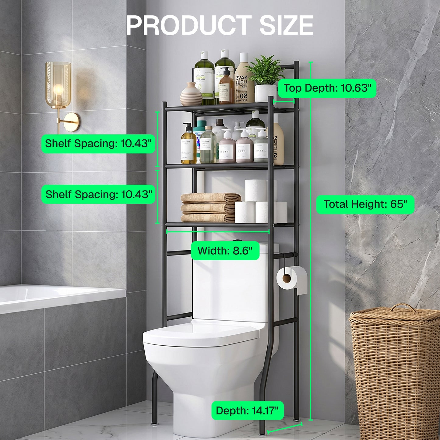 Behome 3-Tier Over The Toilet Storage Shelf, Bathroom Organizer Shelf Over Toilet with 6 Hooks, Freestanding Space Saver Bathroom Storage Shelves
