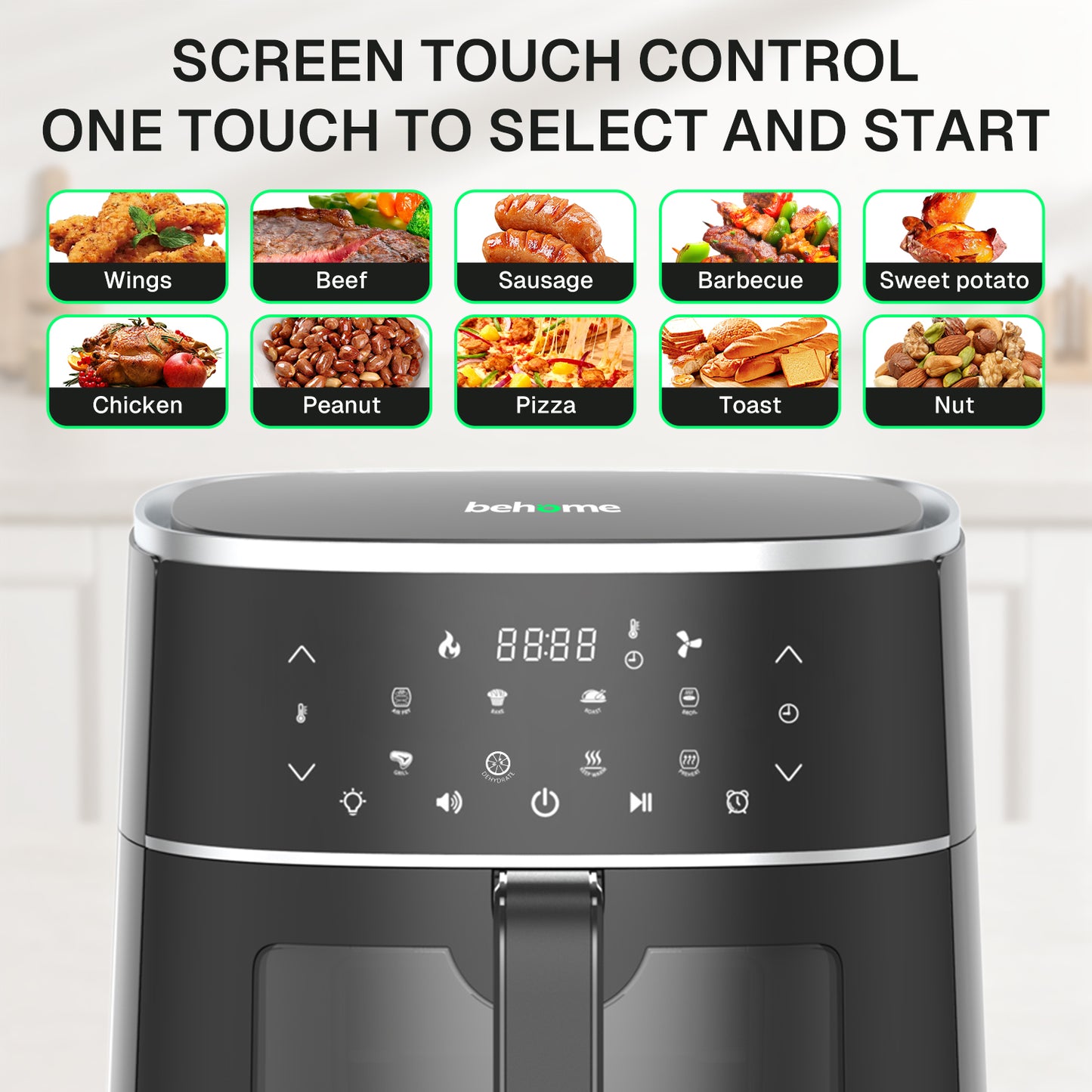 Behome 6QT Air Fryer, 8-in-1 Compact Airfryer for Roast, Broil, Dehydrate,Quick& Easy Meals,Visible Window,Black