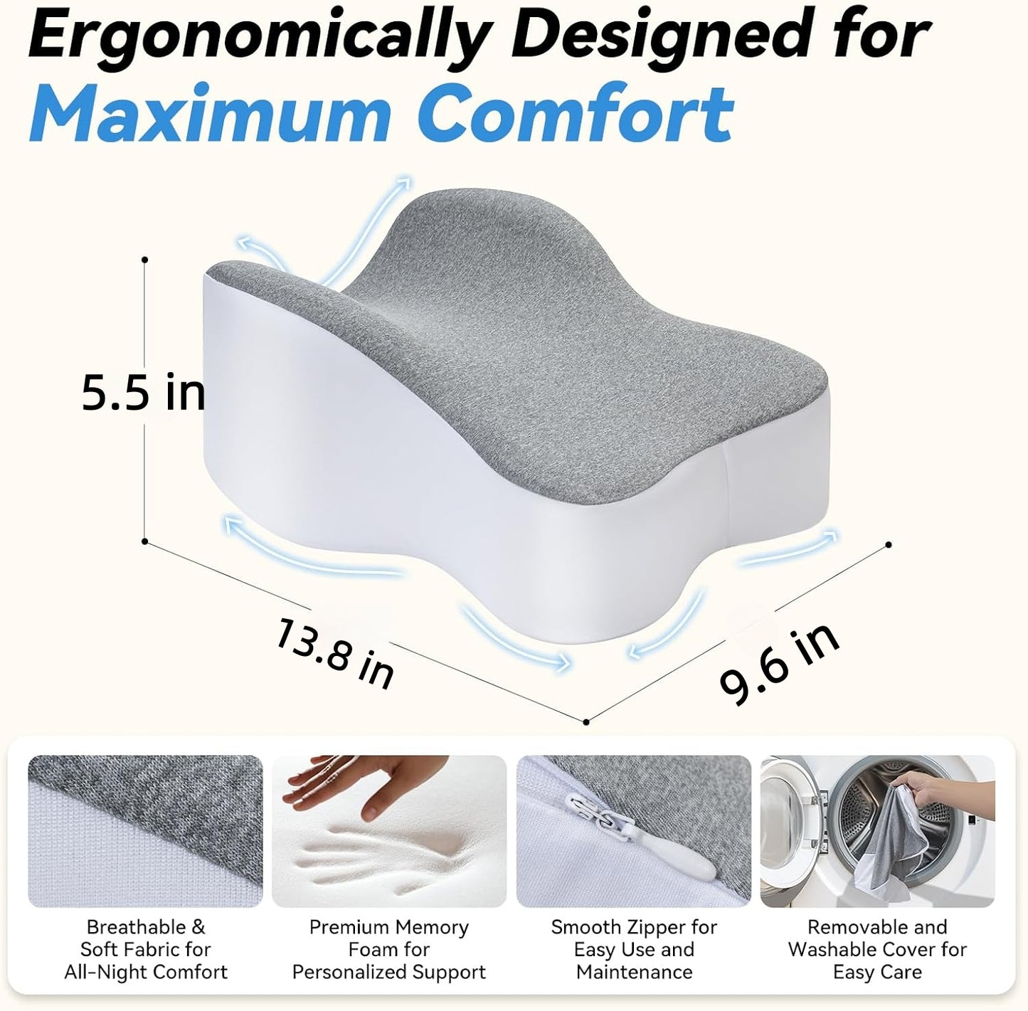 Behome Knee Pillow, 14” Comfortable Memory Foam Leg Pillow for Side Sleeping, Hip Pillow Between Legs, Gray