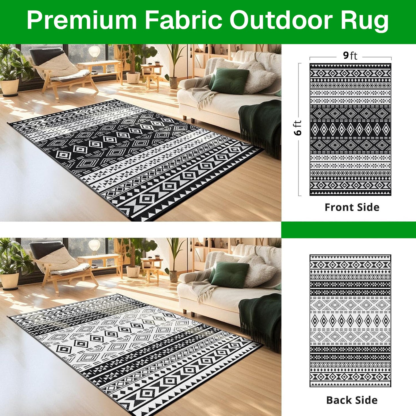 BN-LINK 6' x 9' Waterproof Outdoor Rug with Storage Bag, Reversible Plastic Straw Large Area Rug, Easy-Cleaning Modern Floor Mat for Outdoors, RV, Patio, Backyard, Deck, Picnic, Beach