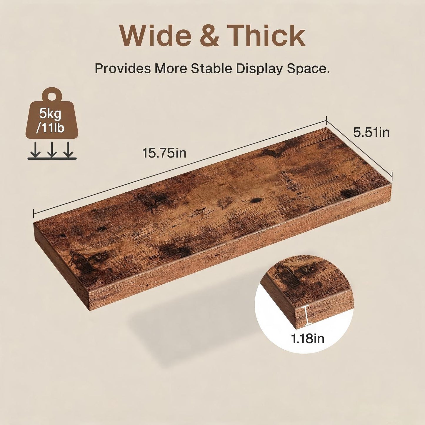 Behome 2 Pack Floating Shelves for Wall, 15.7" Farmhouse Rustic Wood Wall Mounted Shelves, Heavy Duty Hanging Shelf for Bathroom, Bedroom, Living Room or Kitchen