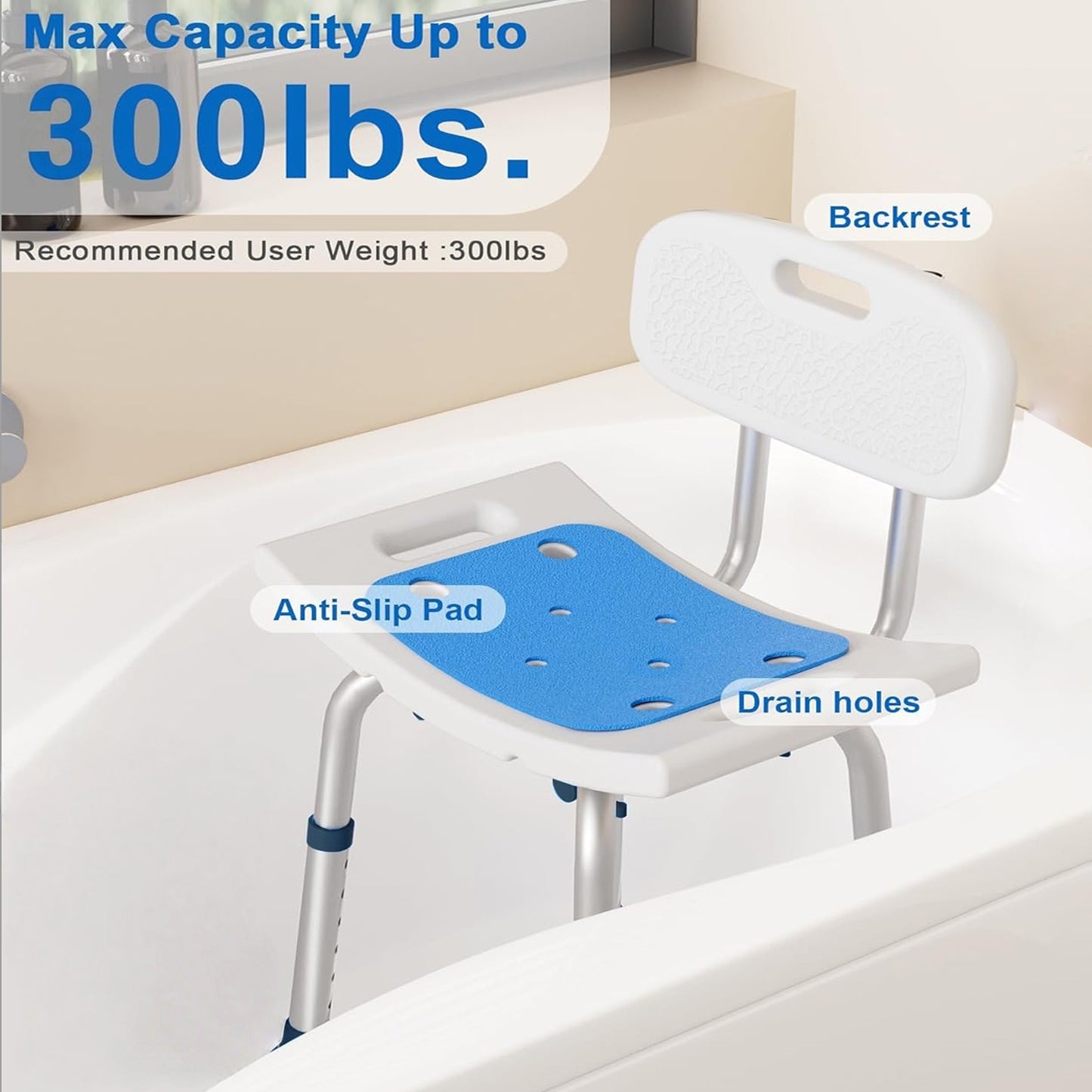 BN-LINK Shower Chair, 6 Height Adjustable Bath Chair, Anti-Slip Shower Bench Bathtub Stool for Elderly, Senior, Handicap & Disabled