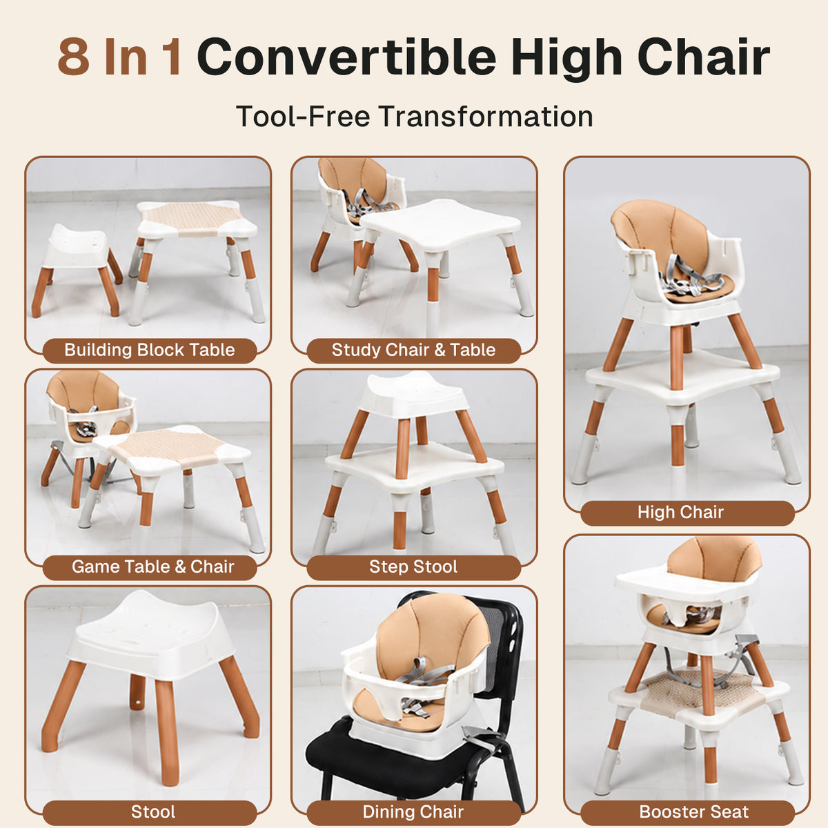 Behome 8 in 1 Baby High Chair, Convertible High Chairs for Babies and Toddlers, Infant Dining Booster Seat, Building Block Table, Kids Stool Table Chair Set with Removable Tray