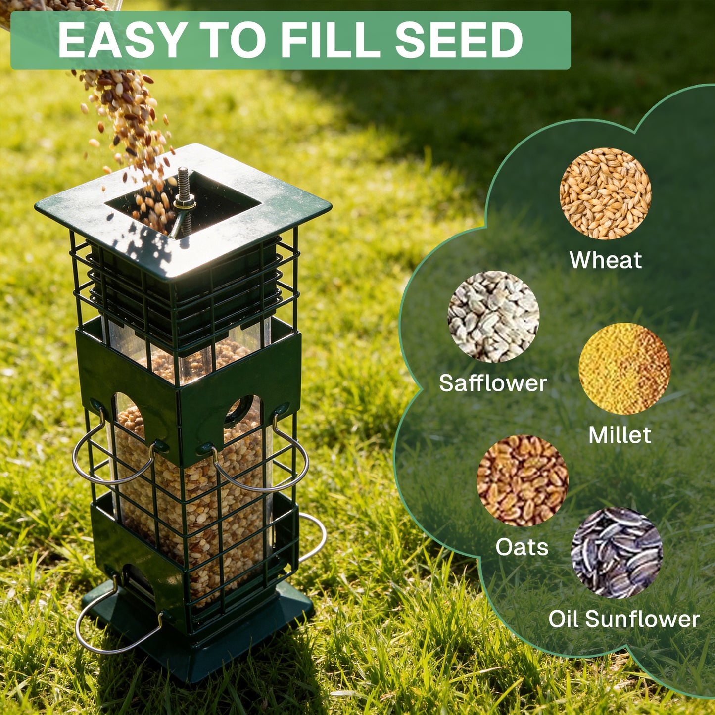 BN-LINK Squirrel Proof Bird Feeder, Metal Bird Feeder with 4 Ports, Chewing Proof&amp; Rust-Resistant, 3 lb Capacity, Outdoor Hanging Birdfeeder for Wild birds,Green