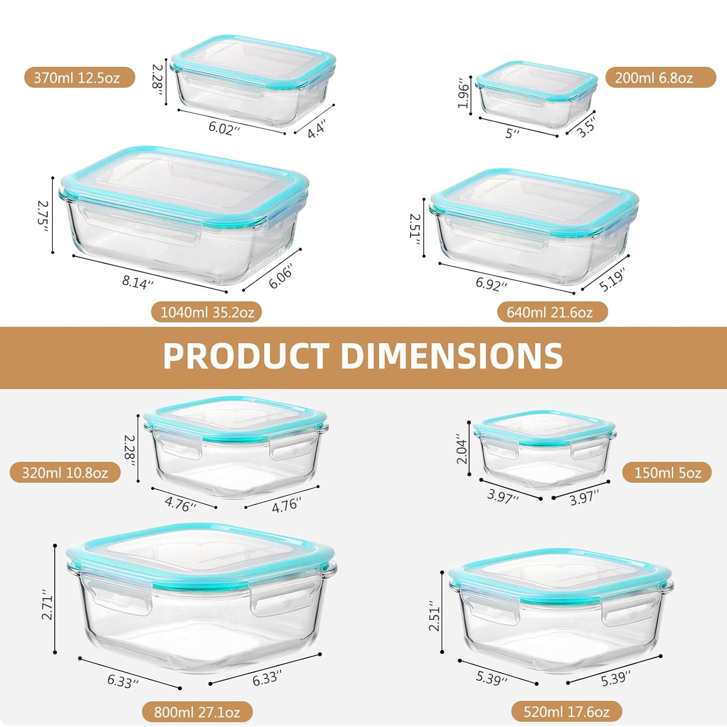 Behome 8 Pack Glass Food Storage Containers with Airtight Lids, BPA Free Glass Meal Prep Containers with Snap Locks, Lunch Containers for Microwave, Oven, Freezer and Dishwasher