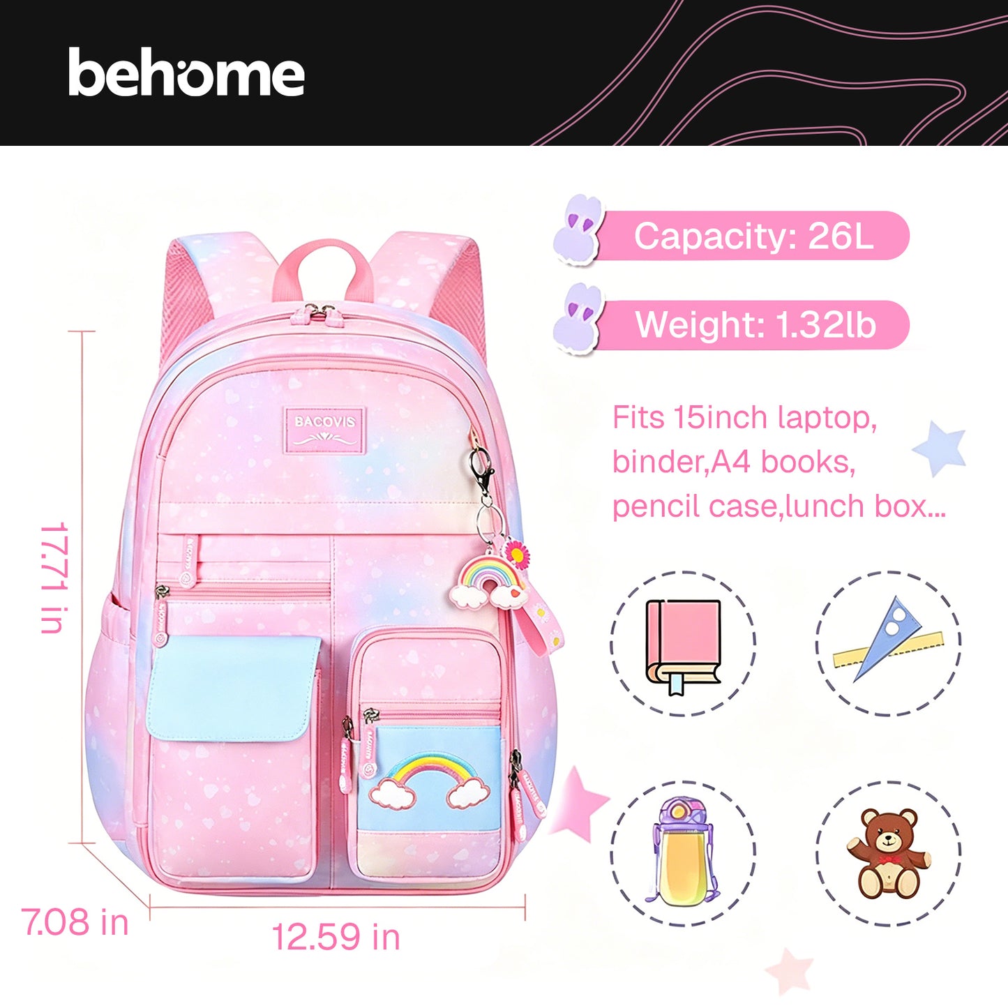 Behome 17” Backpack for Girls, Large kids backpack, School Backpacks with Durable & Water-Resistant Fabric, for Elementary, Middle, and High School Students