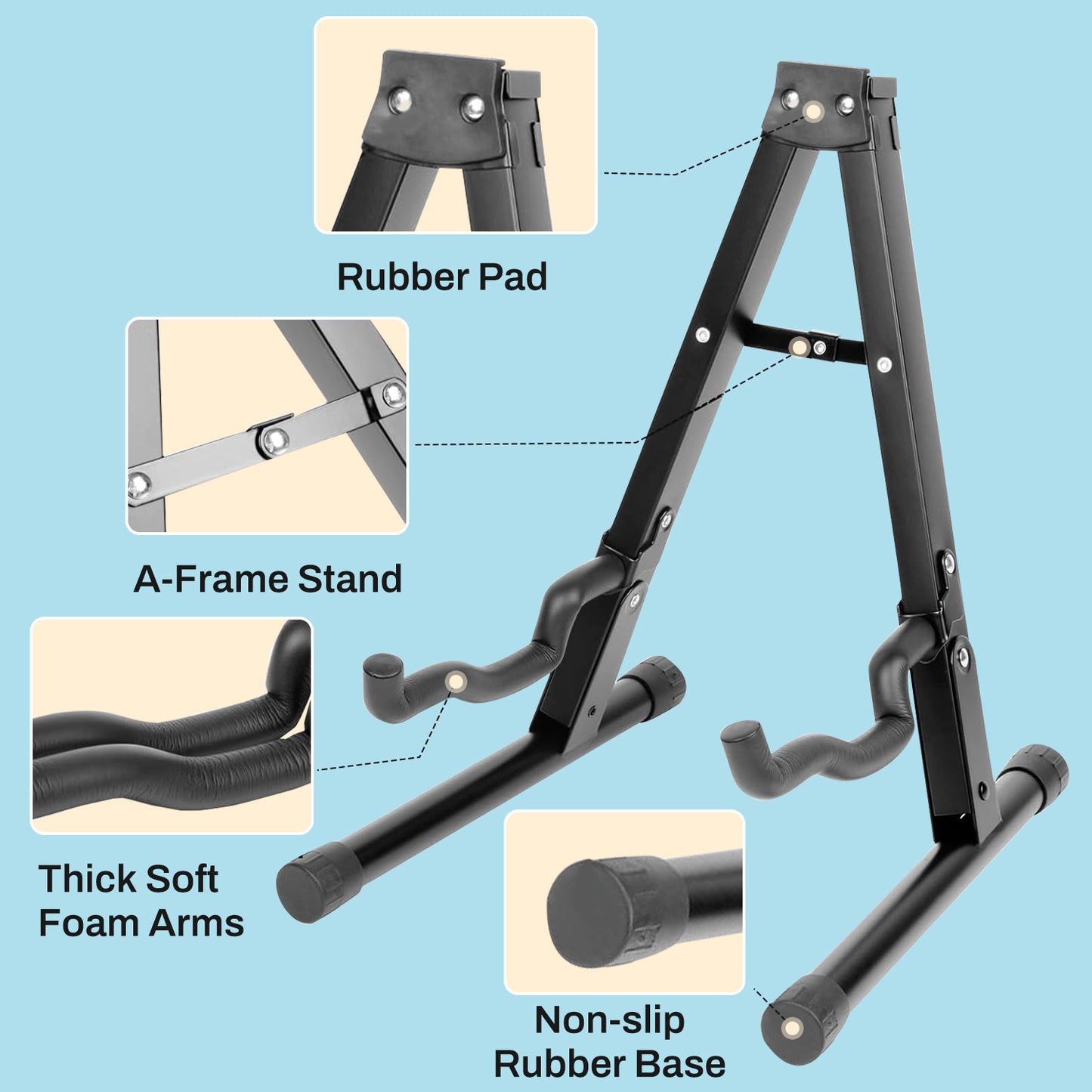 Behome Foldable Guitar Stand, Portable and Adjustable A-Frame Bass Guitar Display Stand, with Non-slip Rubber And Foam Arm, Suitable for Electric & Acoustic Guitars, Bass & Banjo, Black