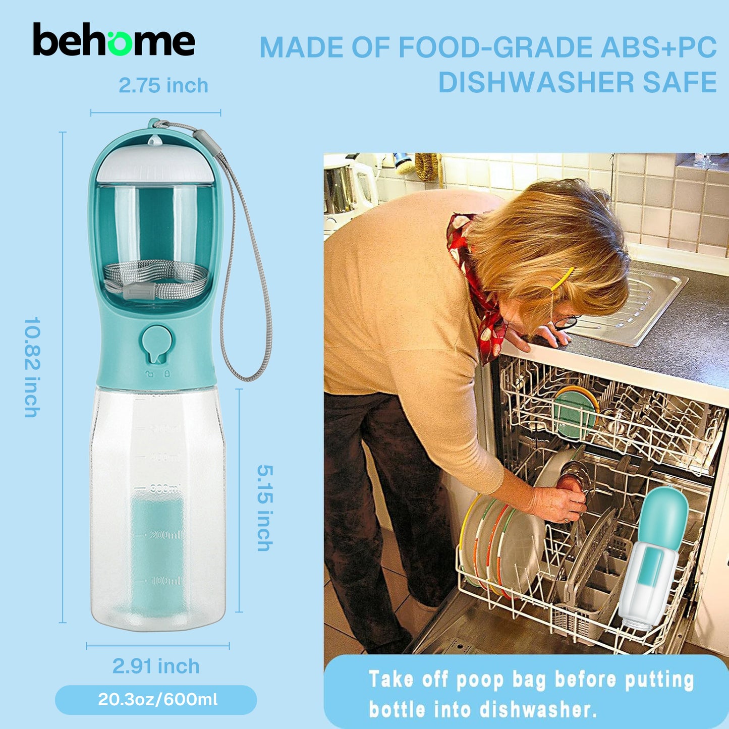 Behome Dog Water Bottle with Food Storage & Poop Bag Holder, 20.3 Oz Leak-Proof Portable Dog Water Dispenser for Outdoor Travel, Hiking, Camping & Beach Visits