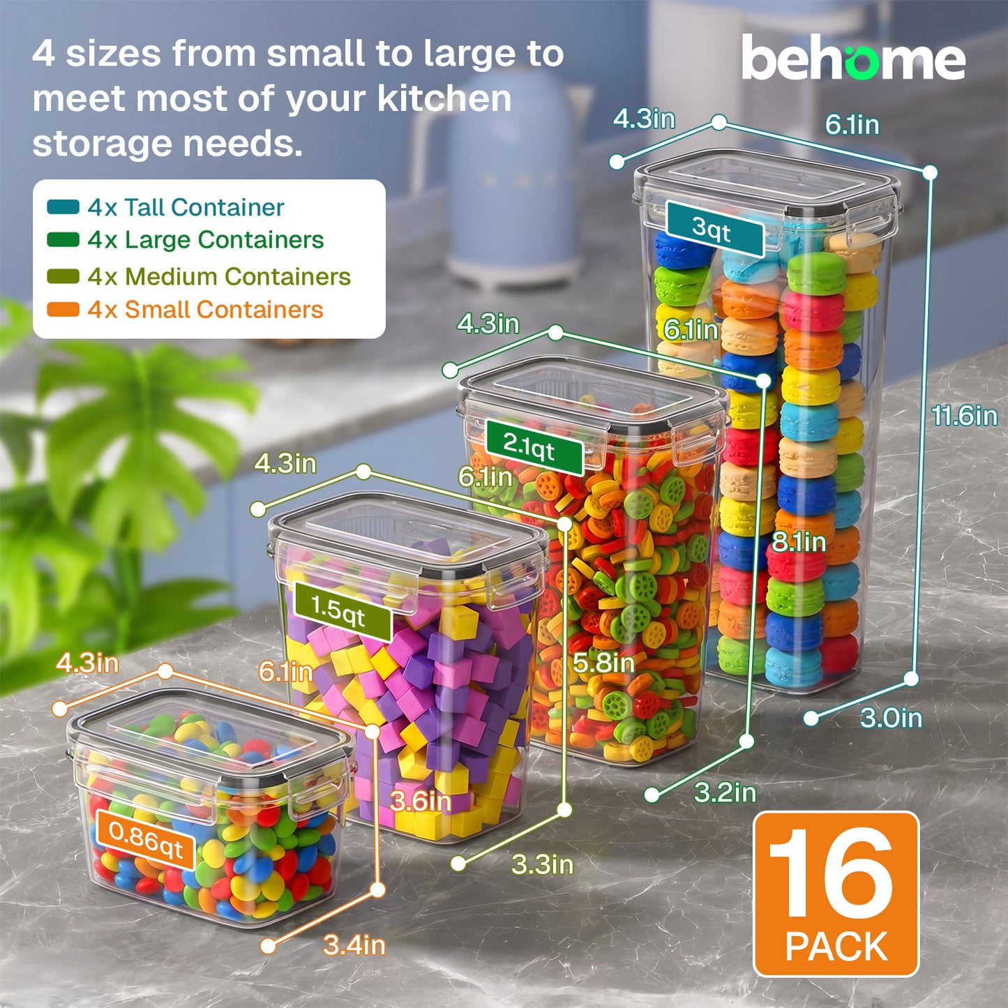 Behome Airtight Food Storage Containers with Lids, 16 pcs Leak-proof Cereal Containers Storage Set, BPA Free Kitchen and Pantry Organization Storage for Dry Food, Flour, Includes 16 Labels & Marker