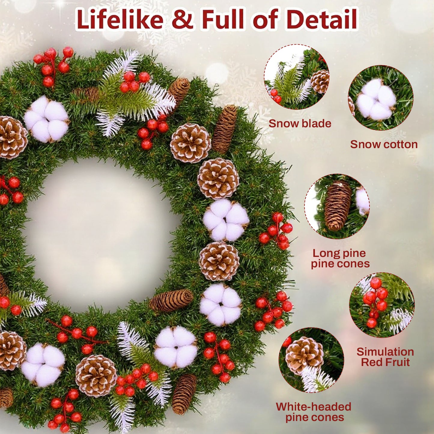 BN-LINK 24 Inch Pre-Lit Artificial Christmas Wreath, 8 Lighting Modes & 50 LED Lights & 180 Branch Tips, X-max Decoration for Home Wall Window Porch