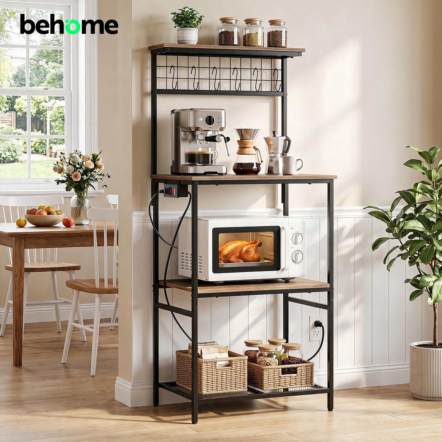 Behome Kitchen Bakers Rack with Power Outlet,Microwave Stand Station with 6 S Hooks,4 Tiers Kitchen Storage Shelf Rack for Kitchen, Dining Room,Living Room,Rustic Brown