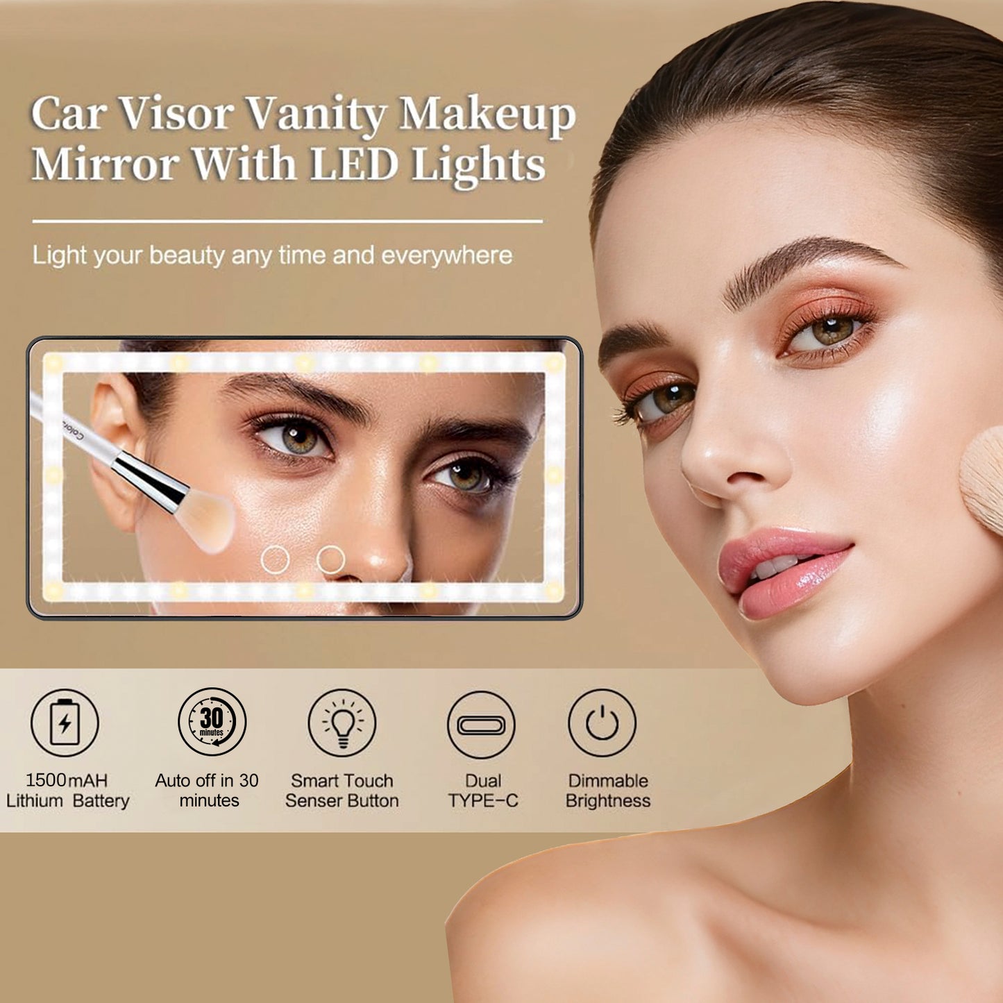 Behome Makeup Mirror, Rechargeable Car Visor Vanity Mirror with Light, Portable Led Makeup Mirror for Car Truck Suv