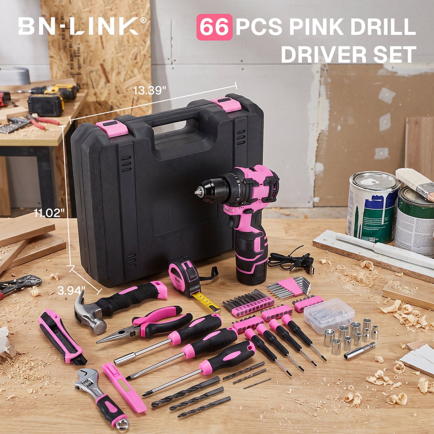 BN-LINK 16.8V Cordless Drill, 66Pcs Electric Power Drill Set, 20+1 Torque Setting,Lightweight Power Drill Tool Set for Home DIY Projects, Pink