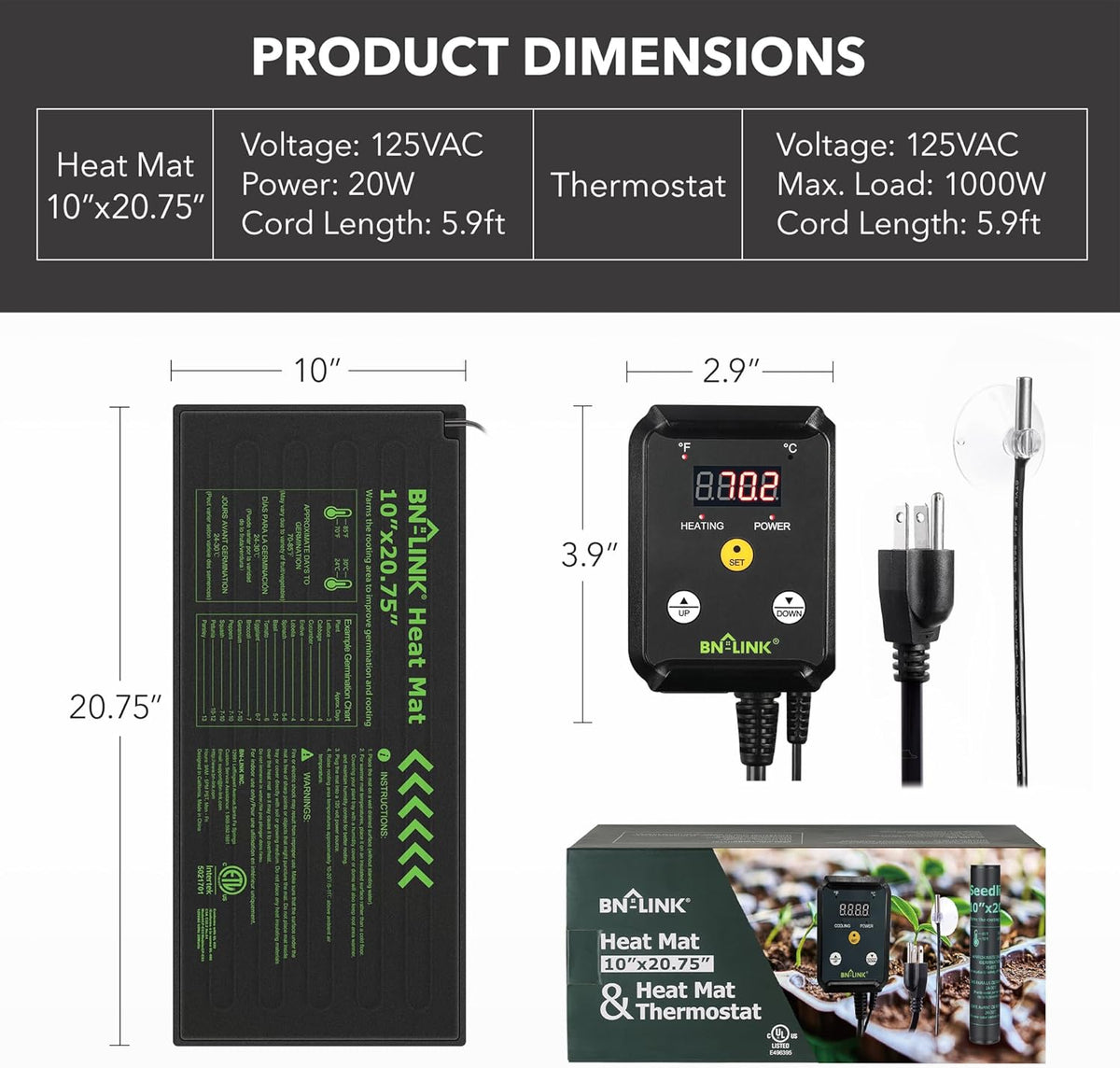 BN-LINK Seedling Heat Mat Heating Pad 10" x 20.75" with Digital Thermostat Controller Combo Set Waterproof for Indoor Seed Starting and Plant Germination