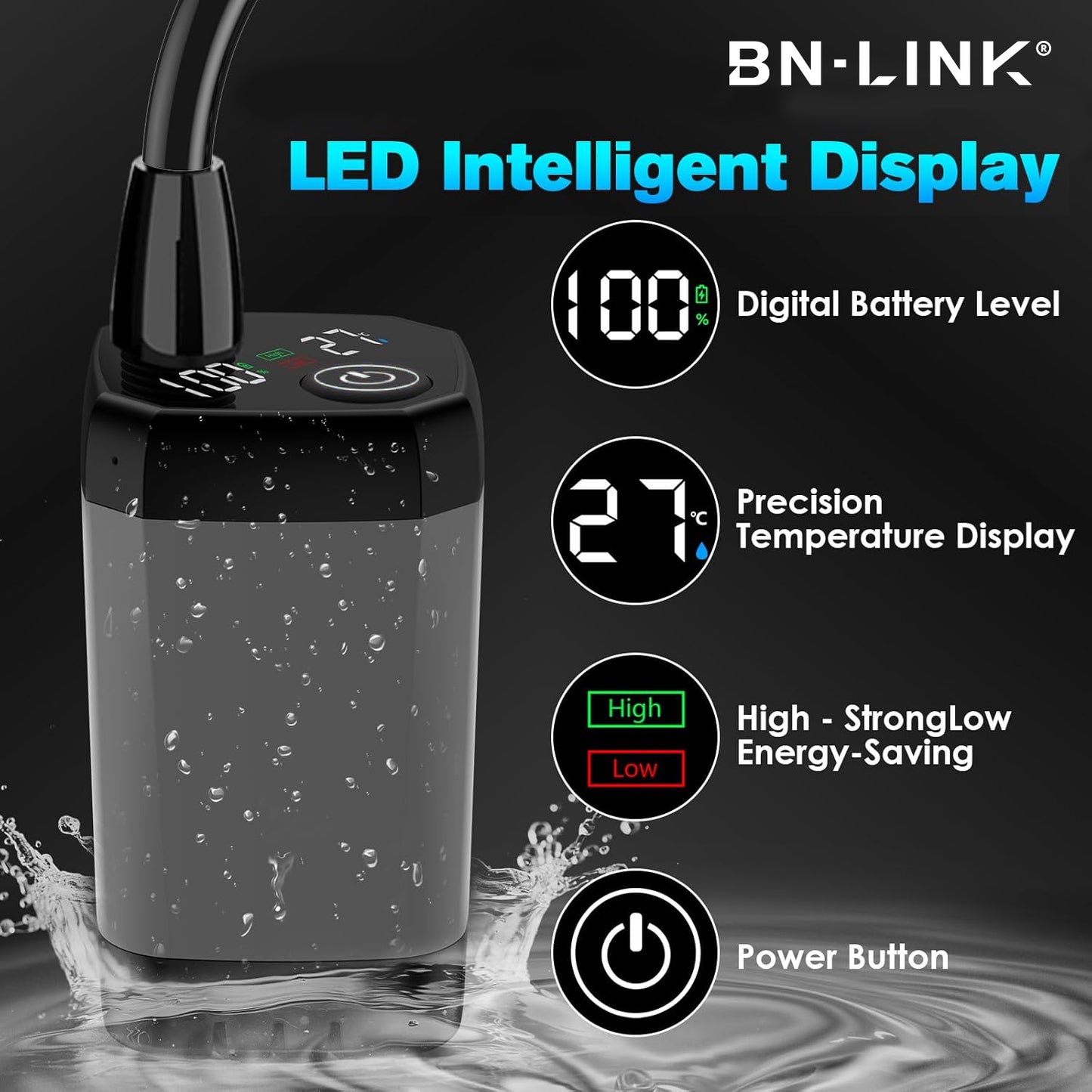BN-LINK Portable Shower, 6000mAh Rechargeable Camping Shower, LED Display Outdoor Shower for Camping, Beach, Travel, Hiking, Pet Cleaning,Gray