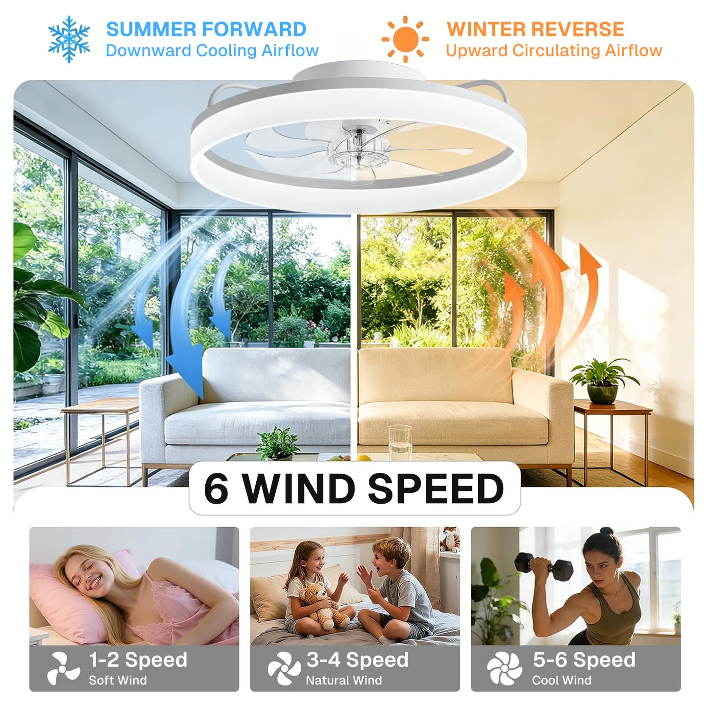 Behome 20" Ceiling Fan, Low Profile Ceiling Fans with Lights and Remote/APP Control, Flush Mount, 6 Speeds & Reversible, 3CCT, Dimmable, Noiseless, for Bedroom, Living Room