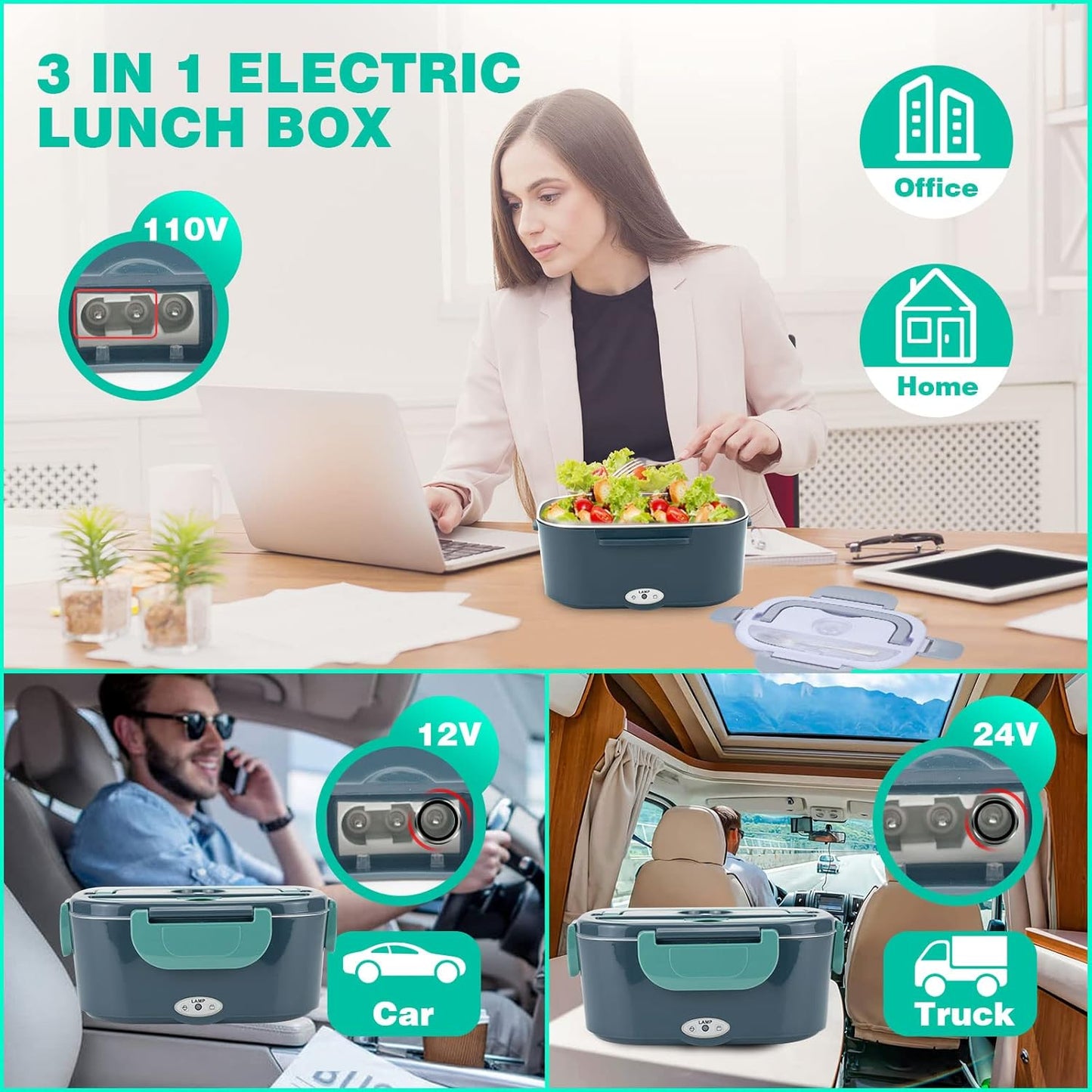 Behome Electric Lunch Box, 3 in 1 Heated Lunch Boxes for Adults, Stainless Steel Food Warmer with 1.5L Container Fork & Spoon, for Work/Car/Truck/Travel