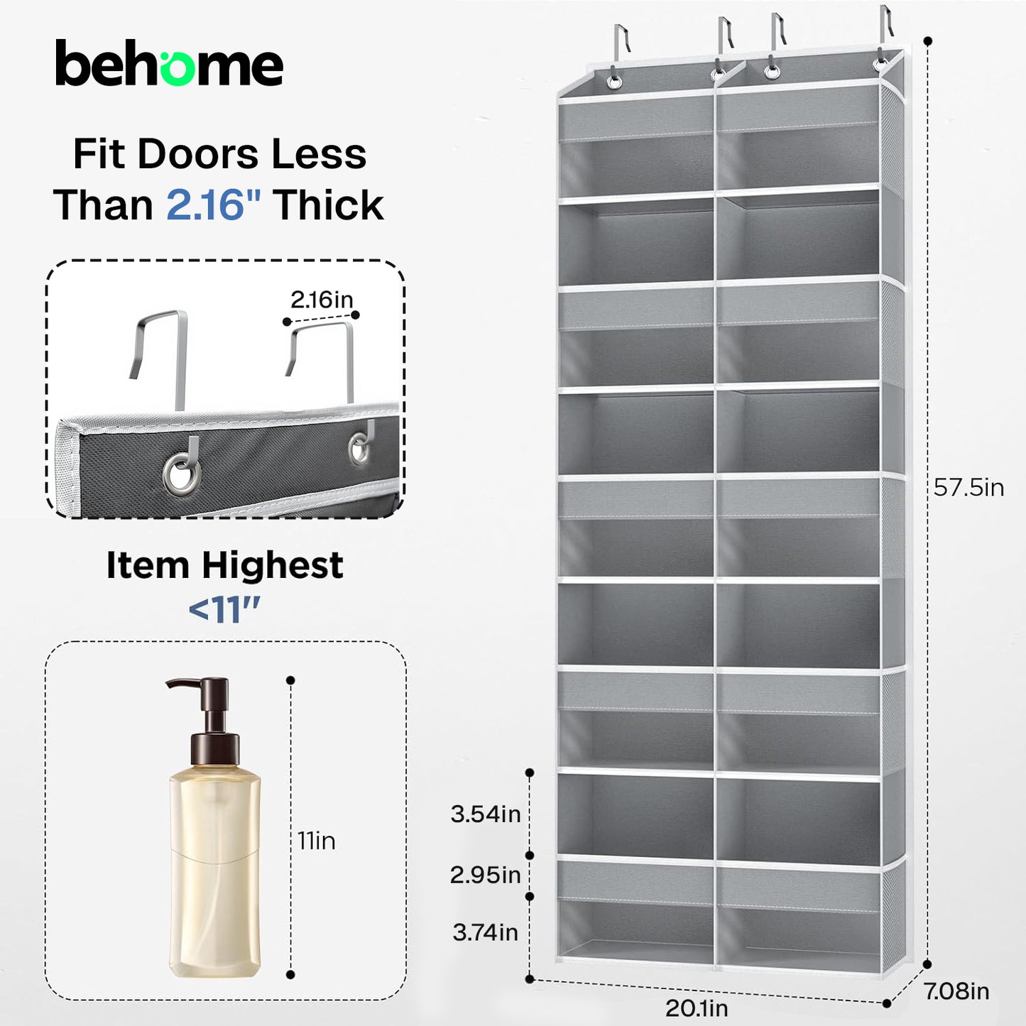 Behome 5-Shelf Heavy Duty Over the Door Organizer, Behind the Door Storage with 10 Big Front & 10 Mesh Pockets, 100lb Weight Capacity, for Closet, Diaper Organizer, Room storage