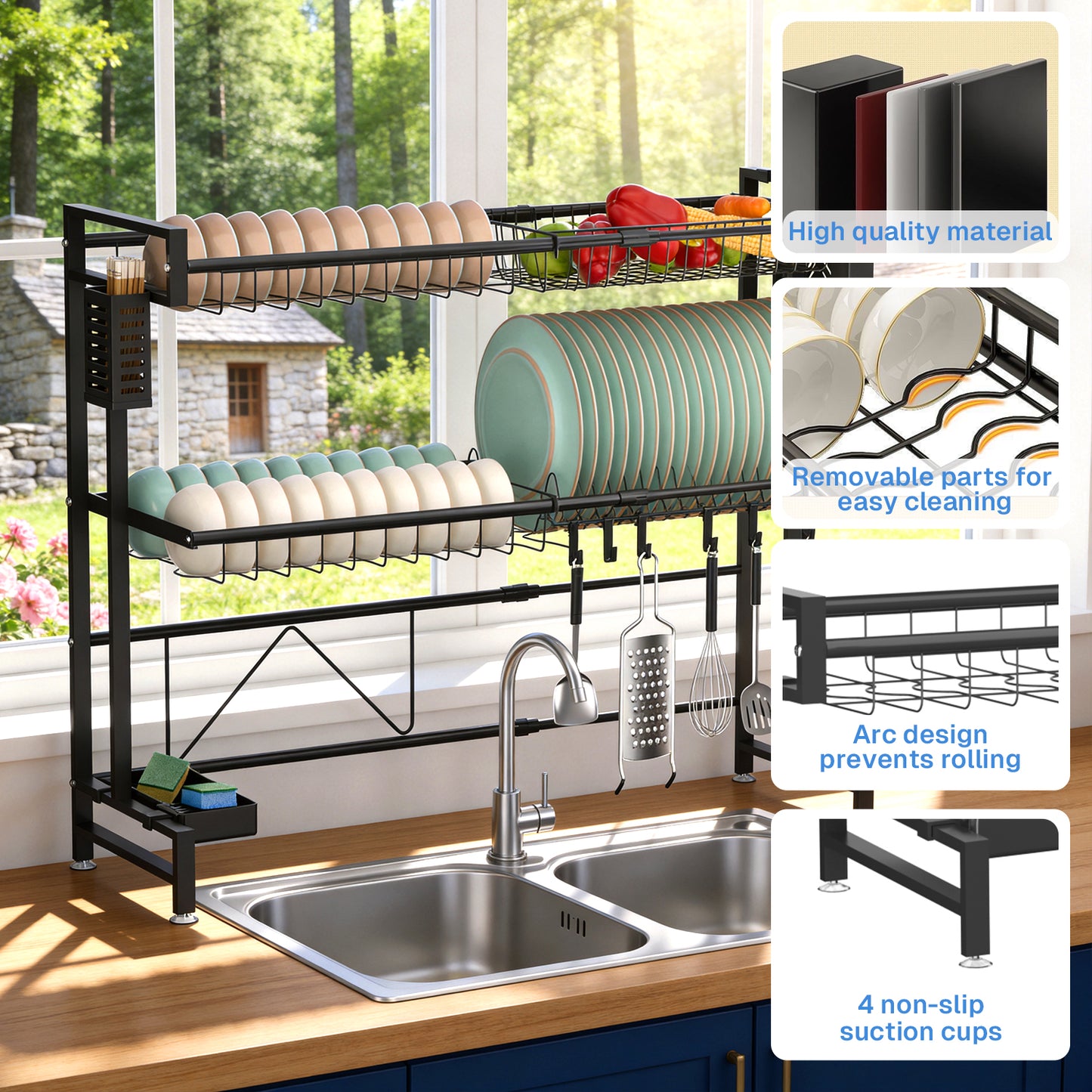 Behome Over The Sink Dish Drying Rack, 2 Tier Adjustable Stainless Steel Large Kitchen Dish Rack with Suction Cup, Snap-On Design, 24.4-39.37L x 11W x 28.74H inches(Expandable Length), Black