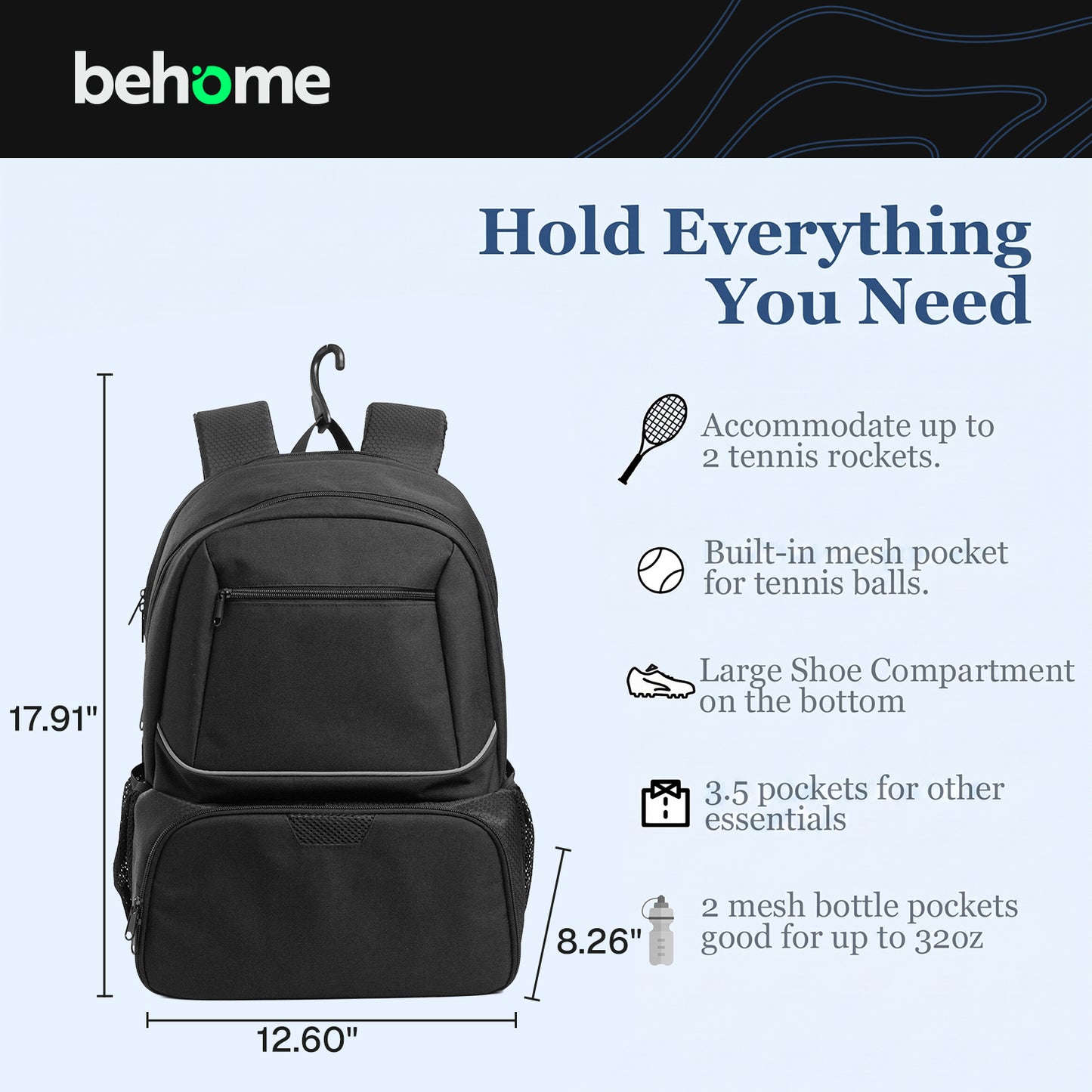 Behome Tennis Bag Holds 2 Rackets, Tennis Backpack with Breathable Padded Straps, Fence Hook, Insulated Pocket & Ventilated Shoe Compartment, Water Resistant Tennis Bags for Women, Men