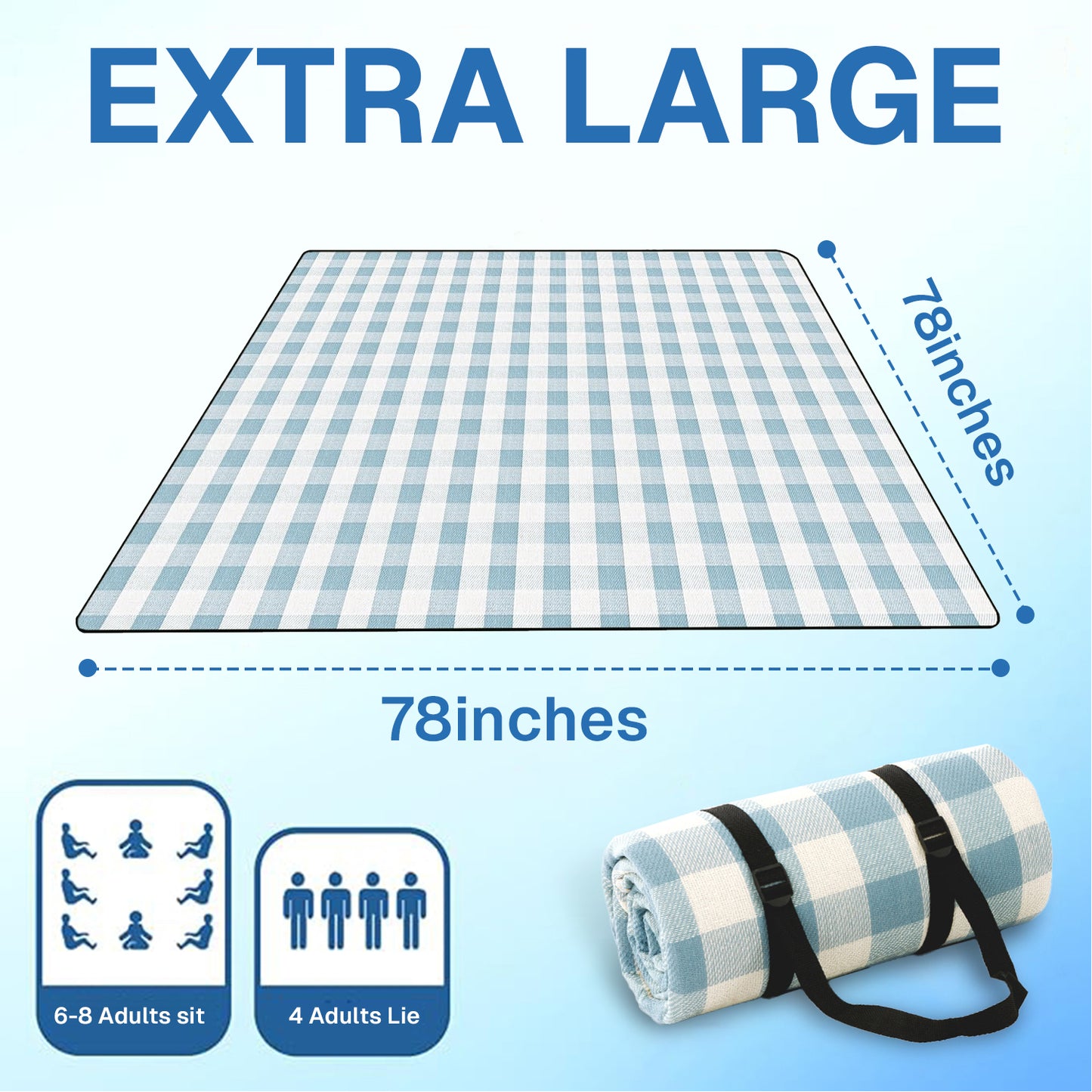 BN-LINK Extra Large Picnic Blanket with Carry Strap, 78'' x 78'' Waterproof Sandproof Foldable Compact Beach Blanket, Outdoor Mat for Camping, Park, Beach, Grass