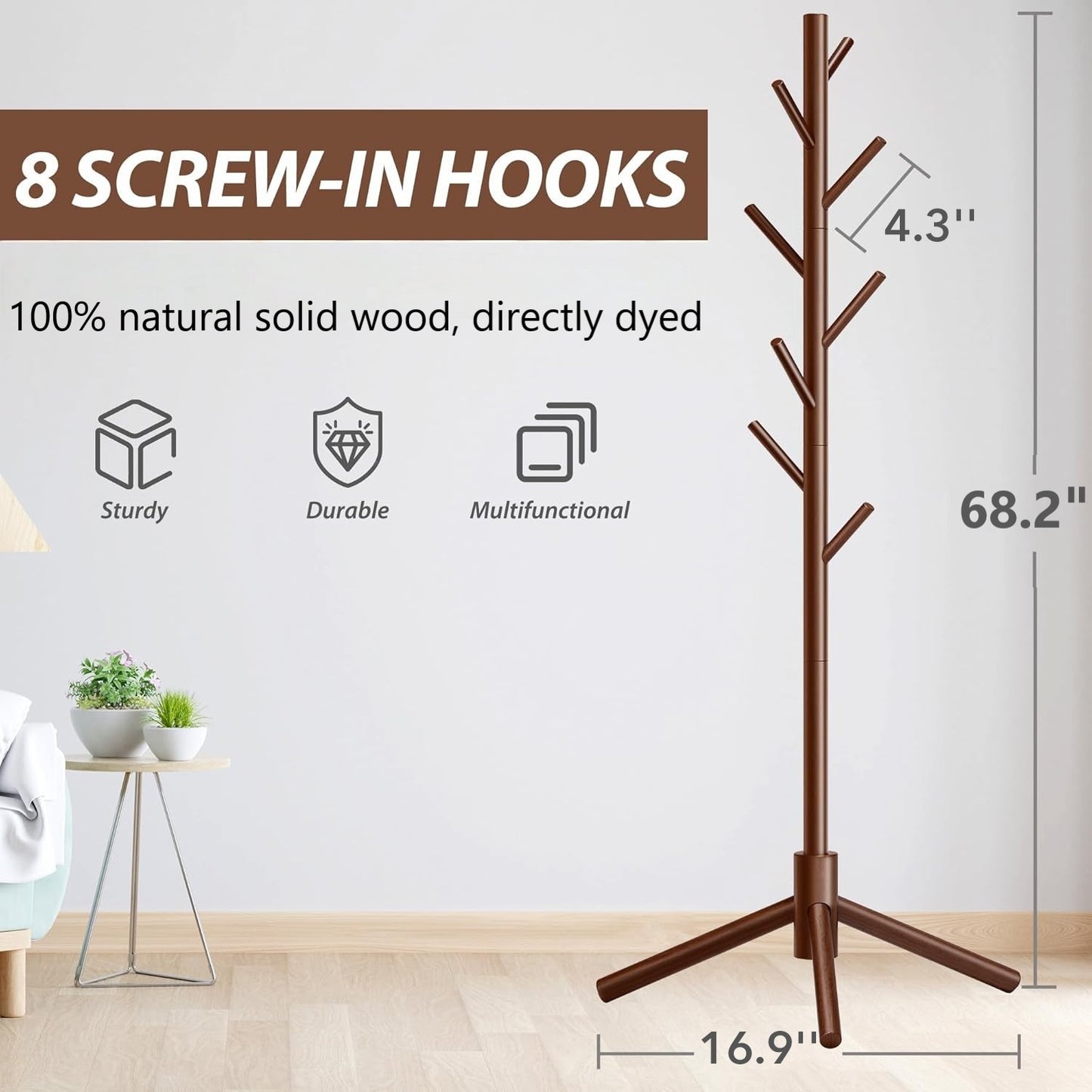 Behome Wooden Coat Rack, Solid Freestanding Coat Rack with 8 Hooks and 3 Adjustable Size, Hall Coat Tree for Bedroom, Entryway, Living Room, for Hats, Coats, Handbags, Brown