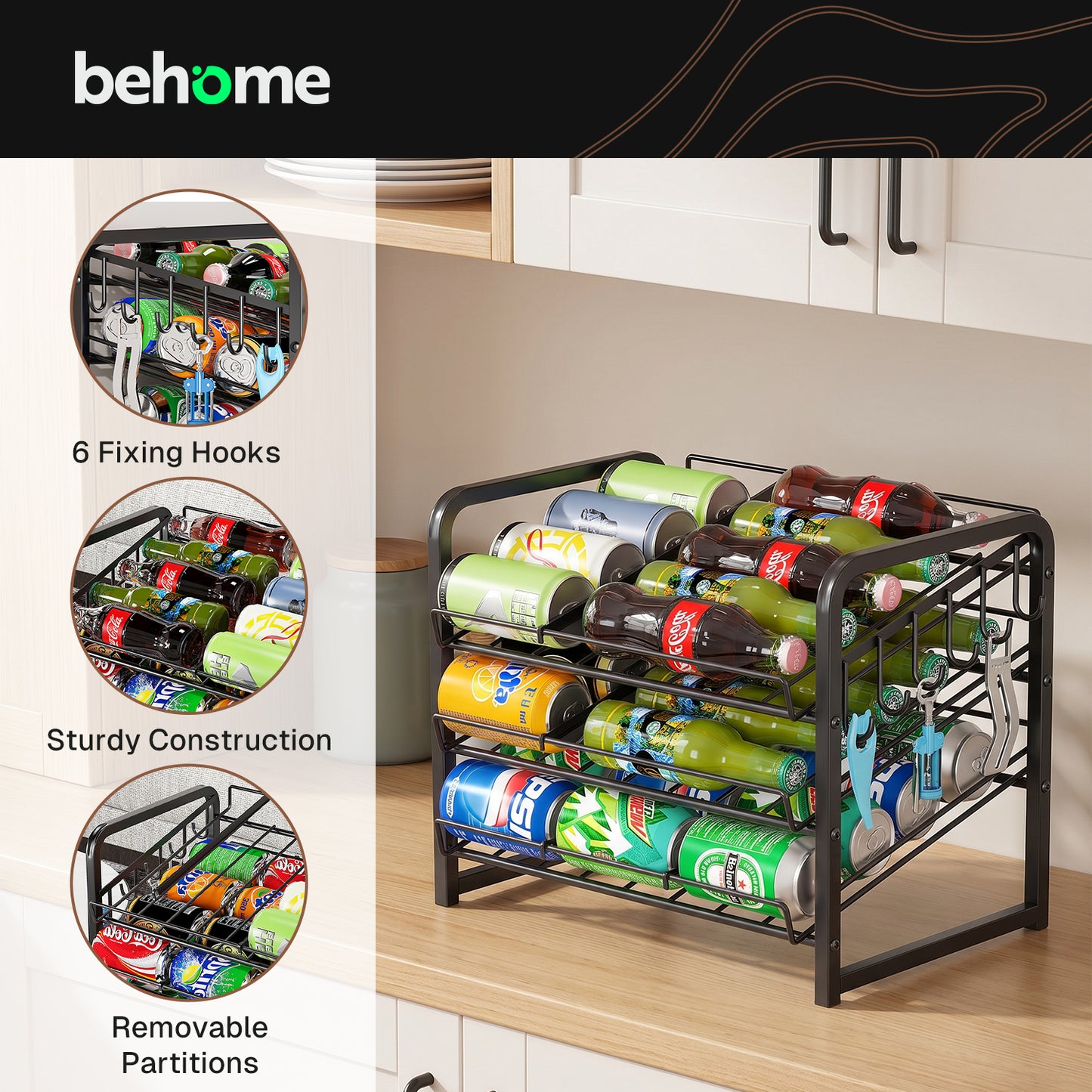 Behome 3 Tier Can Organizer for Pantry, Can Rack Organizer with Adjustable Dividers, Sturdy Can Storage Holder for Canned Food Soda Drinks, Black