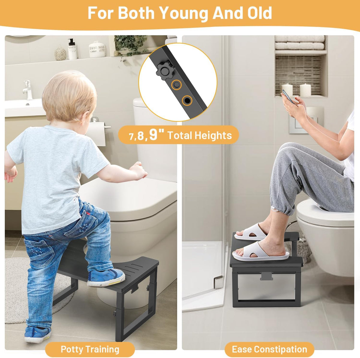 Behome Foldable Toilet Stool, 7 in, 8 in or 9 in Adjustable Height Potty Stool for Adults, Non-Slip Poop Step Stool for Bathroom, Improve Squatting Posture and Comfort, Black