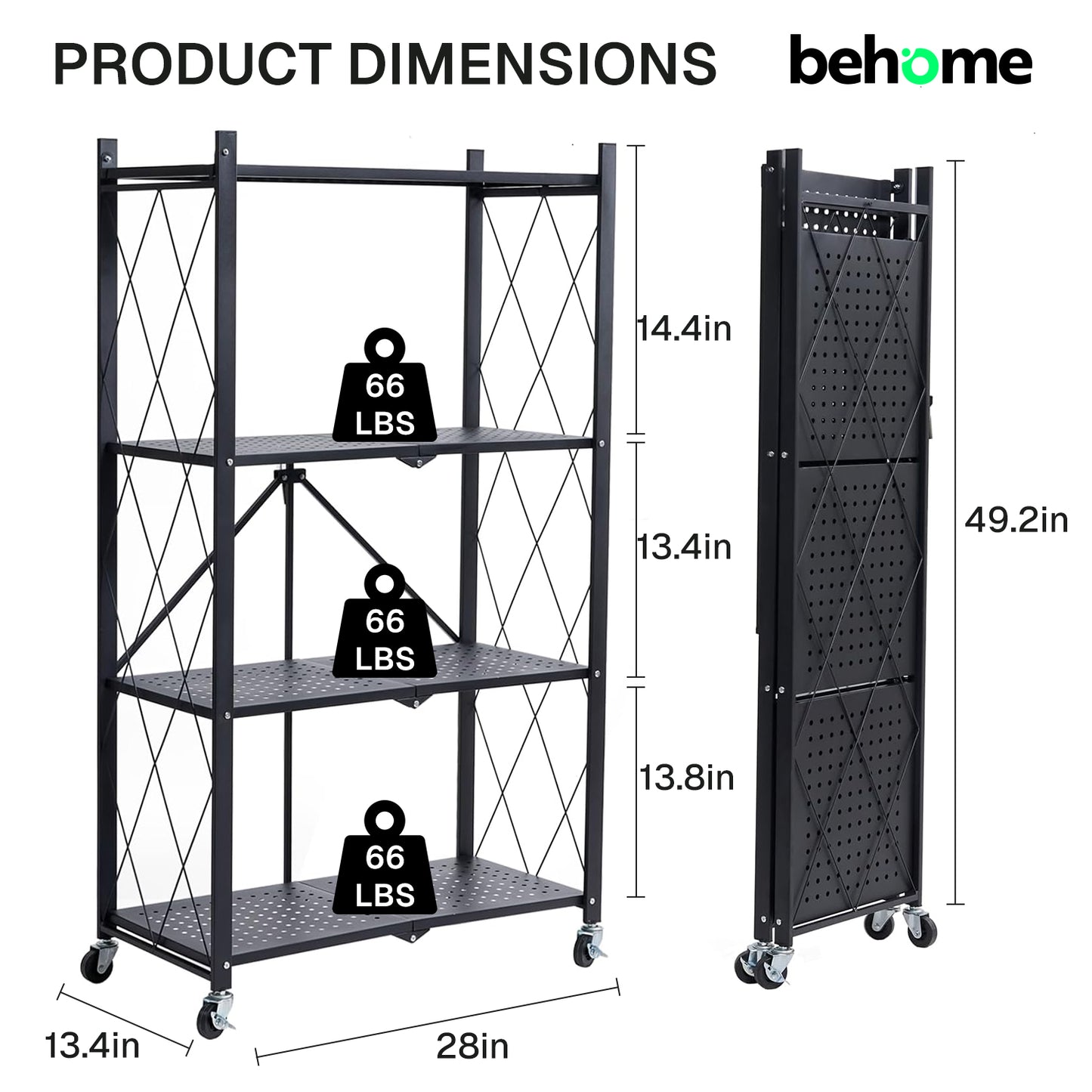 Behome 4 Tier Foldable Storage Shelves with Wheels, 28.1"x 13.4"x 50.2" Metal Shelving, No Assembly Storage Rack for Garage Kitchen, Basement, Pantry
