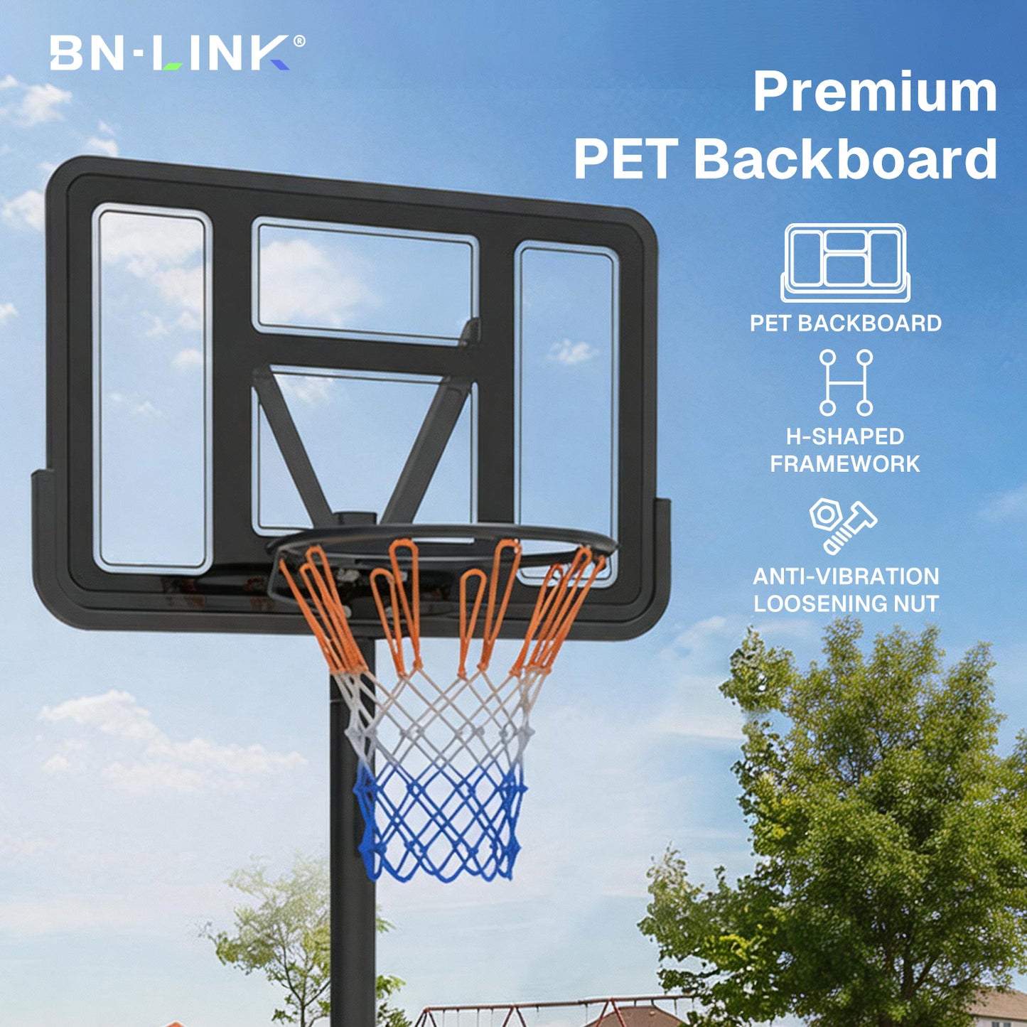 BN-LINK Portable Basketball Hoop, 4.75 FT-10.01 FT Height Adjustable Basketball Hoop Outdoor, 43” Basketball Goal with Shatterproof Backboard for Kids,Teens,Adults