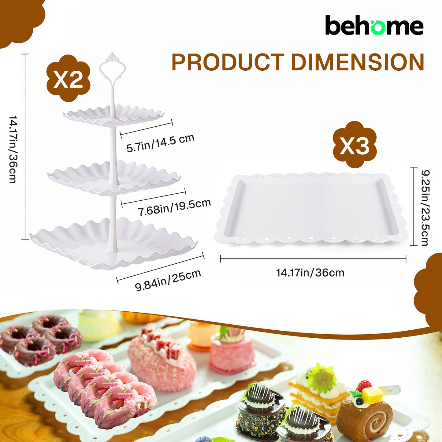 Behome 5 Pack Cupcake Stand, 2 Three-Tier Cup Cake Holder Tower and 3 Serving Trays Cake Stand Set, Square Dessert Holder for Birthday, Tea Party, Wedding, Baby Showers,White