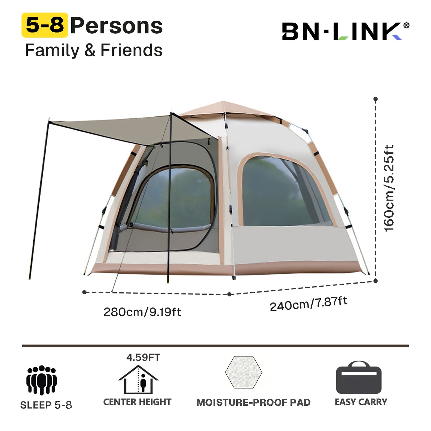 BN-LINK 5-8 Person Camping Tent, Waterproof Windproof Pop Up Tent with 2 Doors, 4 Large Mesh Windows, Automatic Setup Instant Tents for Camping, Hiking & Traveling,Beige