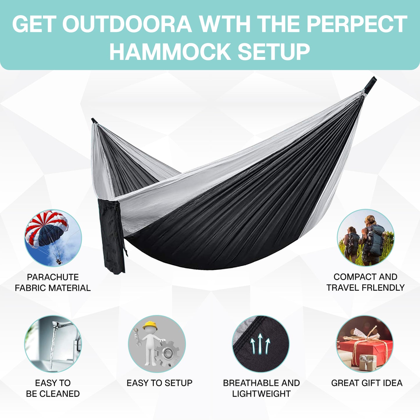 BN-LINK Camping Hammock with Net, Portable Lightweight Hammocks with Tree Straps, Outdoor Hammocks for Backpacking,Beach,Backyard,Patio,Hiking,440 lb Capacity,Gray Black